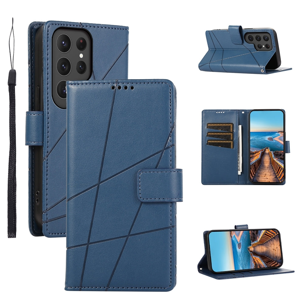 Samsung Galaxy S24 Ultra 5G PU Genuine Leather Texture Embossed Line Phone Case with Card Wallet, Kickstand & Wrist Strap
