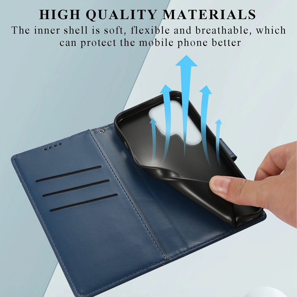 Samsung Galaxy S24 Ultra 5G PU Genuine Leather Texture Embossed Line Phone Case with Card Wallet, Kickstand & Wrist Strap