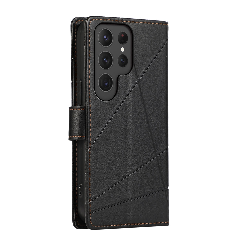 Samsung Galaxy S24 Ultra 5G PU Genuine Leather Texture Embossed Line Phone Case with Card Wallet, Kickstand & Wrist Strap
