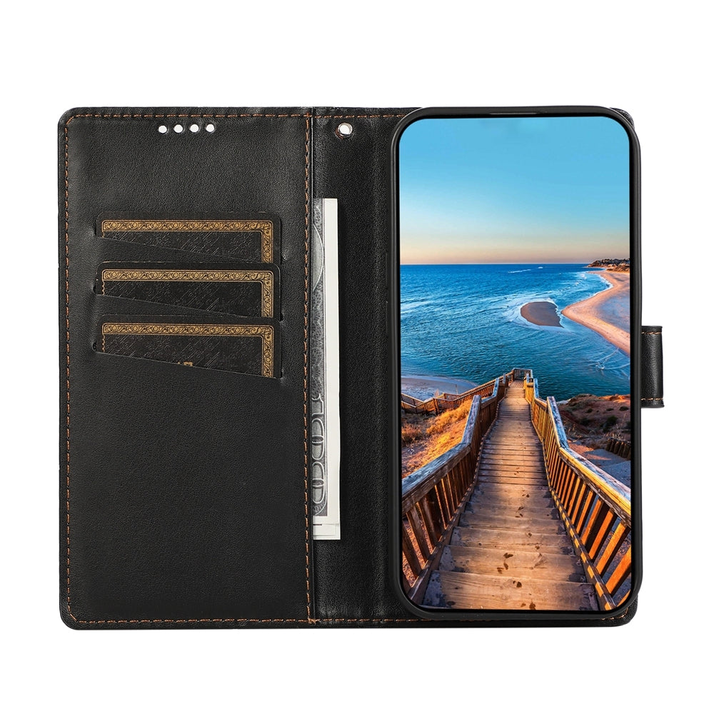 Samsung Galaxy S24 Ultra 5G PU Genuine Leather Texture Embossed Line Phone Case with Card Wallet, Kickstand & Wrist Strap