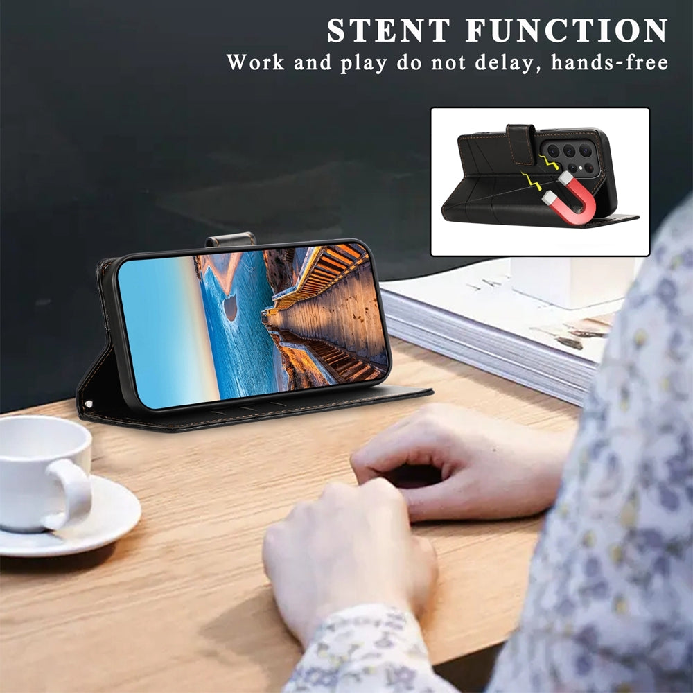 Samsung Galaxy S24 Ultra 5G PU Genuine Leather Texture Embossed Line Phone Case with Card Wallet, Kickstand & Wrist Strap