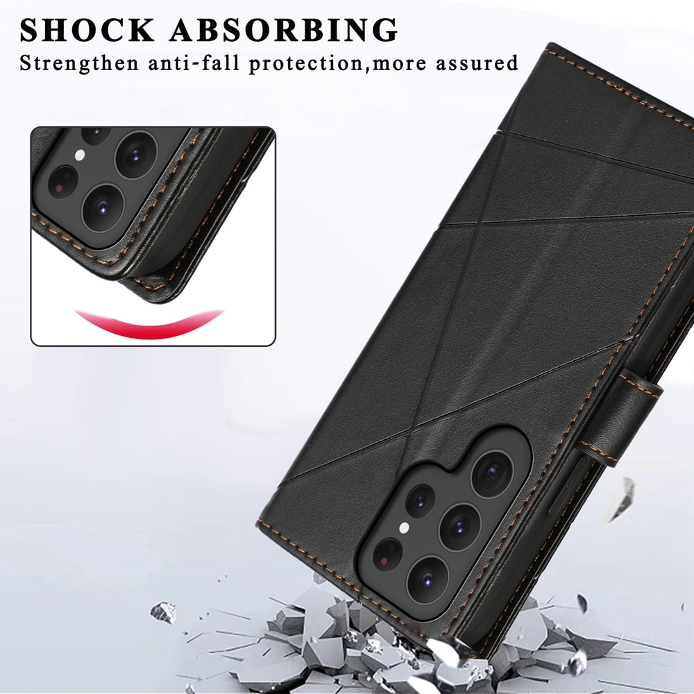 Samsung Galaxy S24 Ultra 5G PU Genuine Leather Texture Embossed Line Phone Case with Card Wallet, Kickstand & Wrist Strap