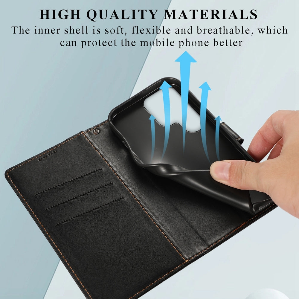 Samsung Galaxy S24 Ultra 5G PU Genuine Leather Texture Embossed Line Phone Case with Card Wallet, Kickstand & Wrist Strap