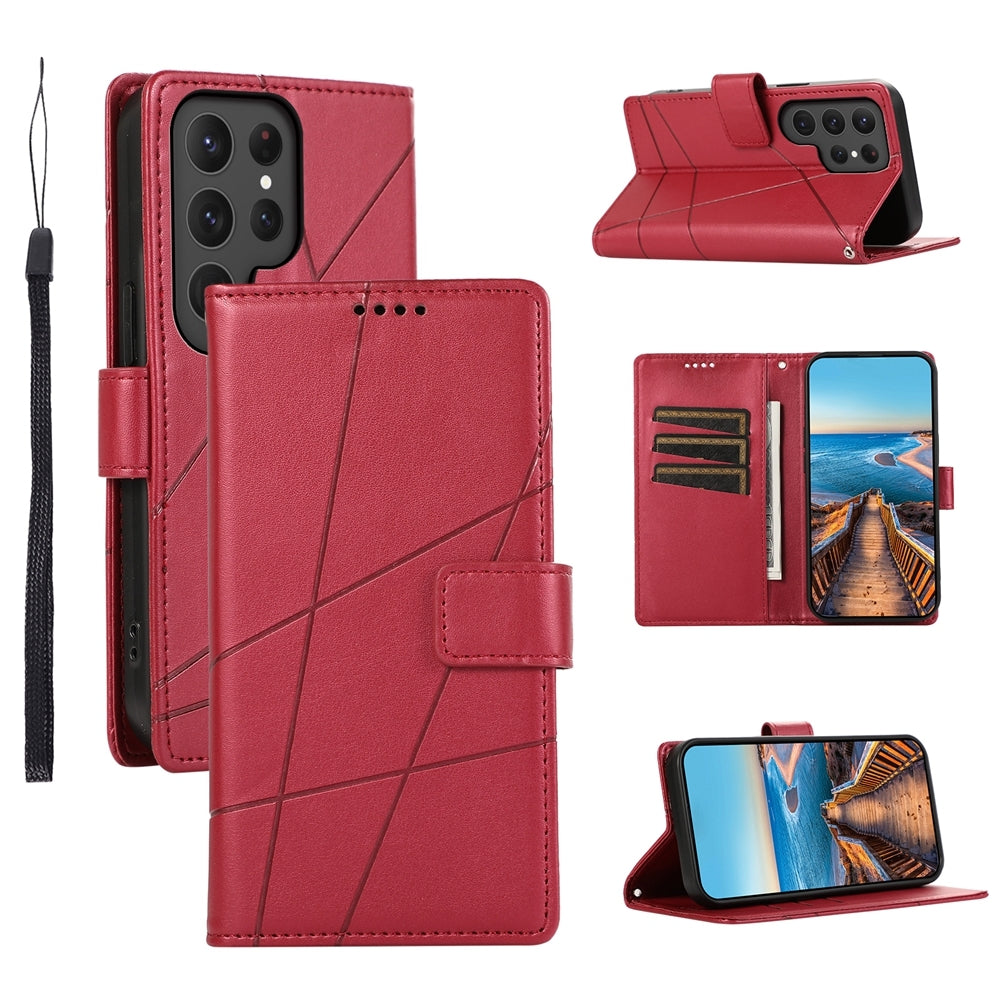 Samsung Galaxy S24 Ultra 5G PU Genuine Leather Texture Embossed Line Phone Case with Card Wallet, Kickstand & Wrist Strap