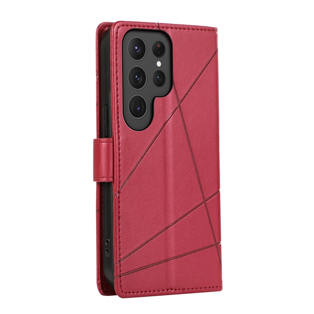 Samsung Galaxy S24 Ultra 5G PU Genuine Leather Texture Embossed Line Phone Case with Card Wallet, Kickstand & Wrist Strap