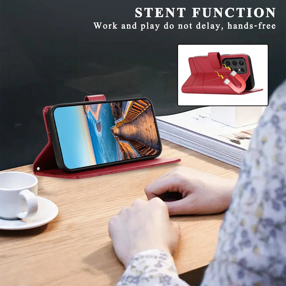 Samsung Galaxy S24 Ultra 5G PU Genuine Leather Texture Embossed Line Phone Case with Card Wallet, Kickstand & Wrist Strap