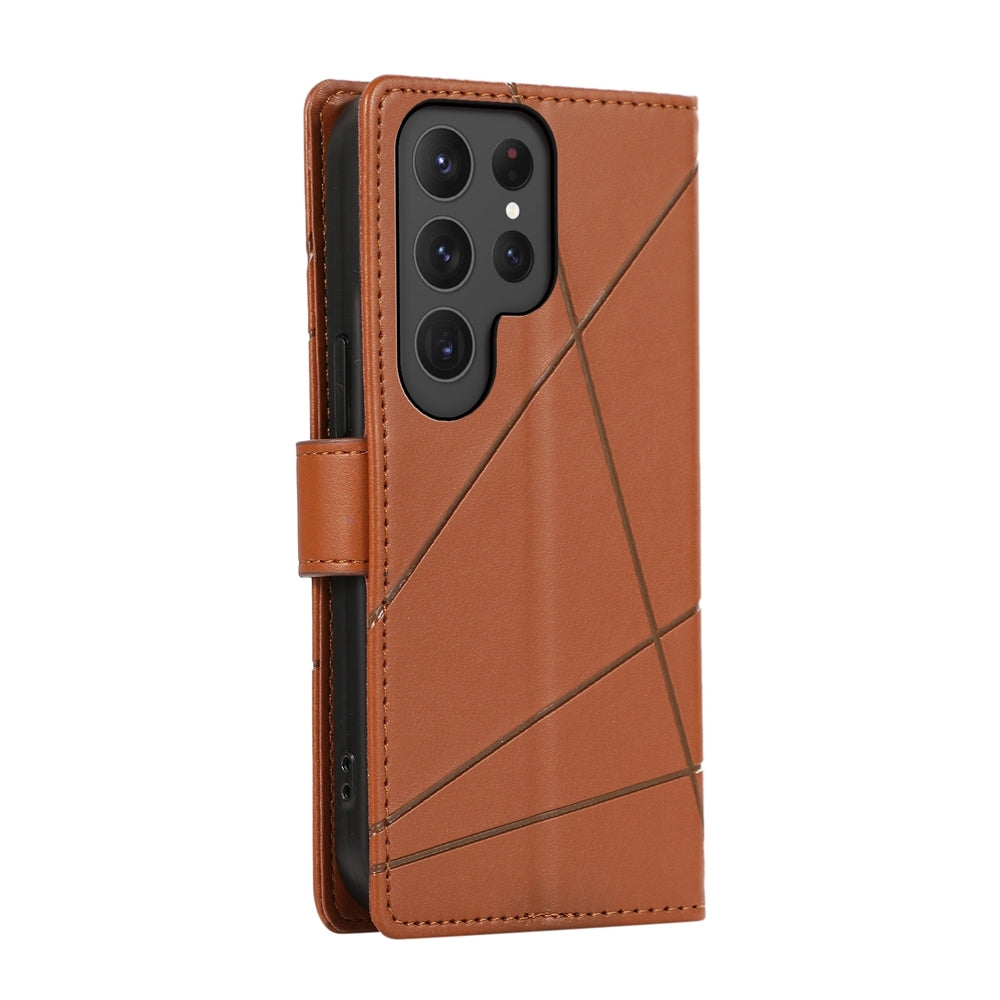 Samsung Galaxy S24 Ultra 5G PU Genuine Leather Texture Embossed Line Phone Case with Card Wallet, Kickstand & Wrist Strap