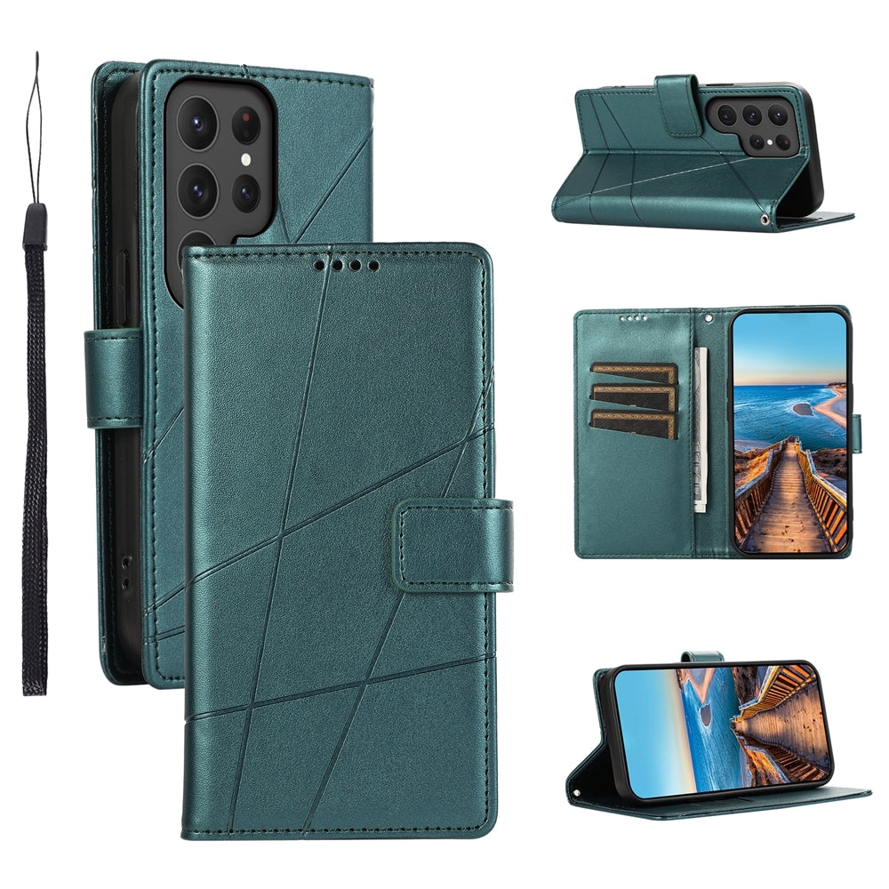 Samsung Galaxy S24 Ultra 5G PU Genuine Leather Texture Embossed Line Phone Case with Card Wallet, Kickstand & Wrist Strap