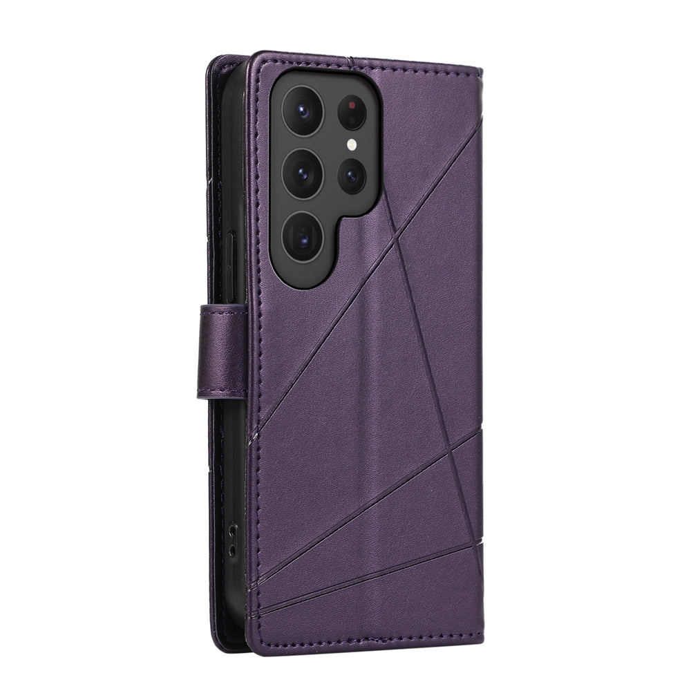Samsung Galaxy S24 Ultra 5G PU Genuine Leather Texture Embossed Line Phone Case with Card Wallet, Kickstand & Wrist Strap