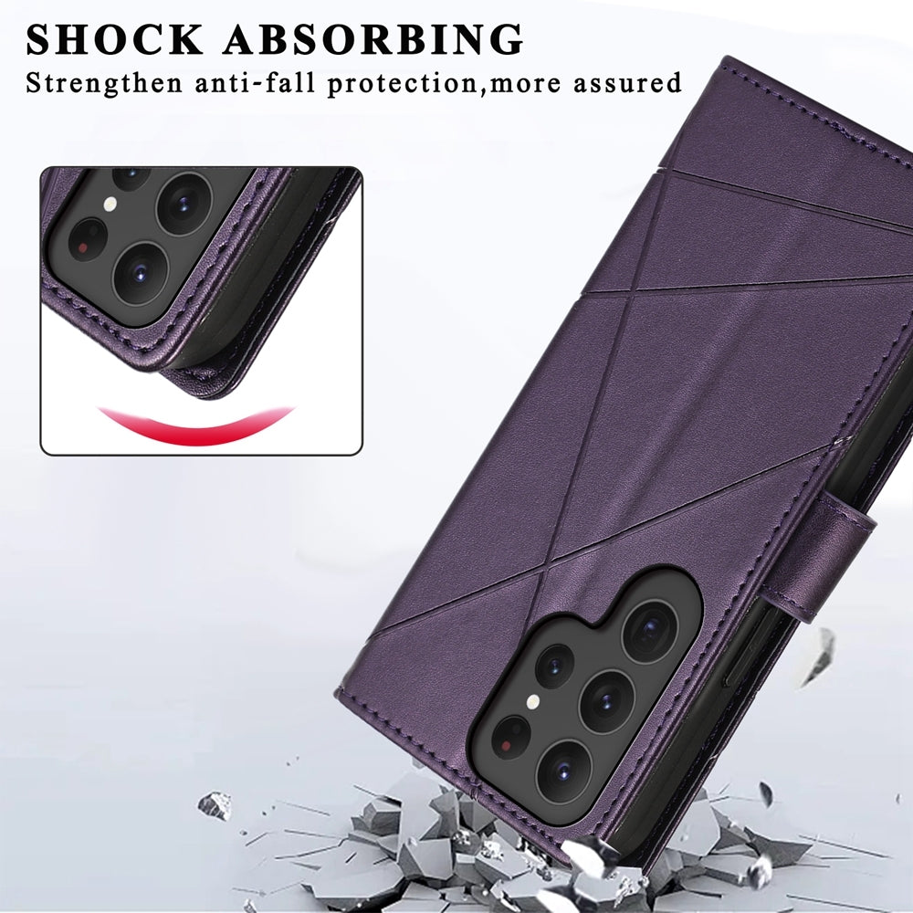 Samsung Galaxy S24 Ultra 5G PU Genuine Leather Texture Embossed Line Phone Case with Card Wallet, Kickstand & Wrist Strap