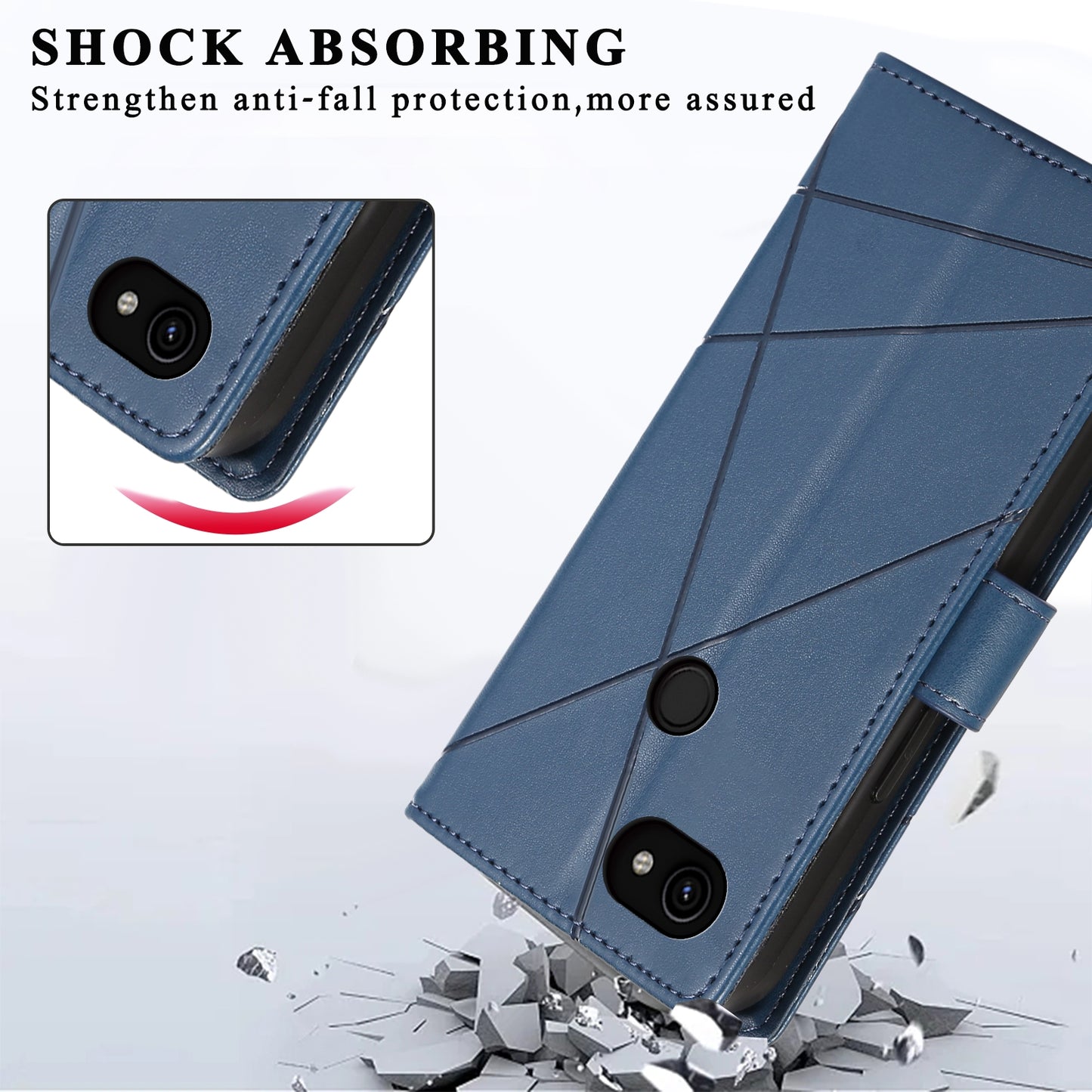 Google Pixel 3a PU Genuine Leather Texture Embossed Line Phone Case with Card Wallet, Kickstand & Wrist Strap