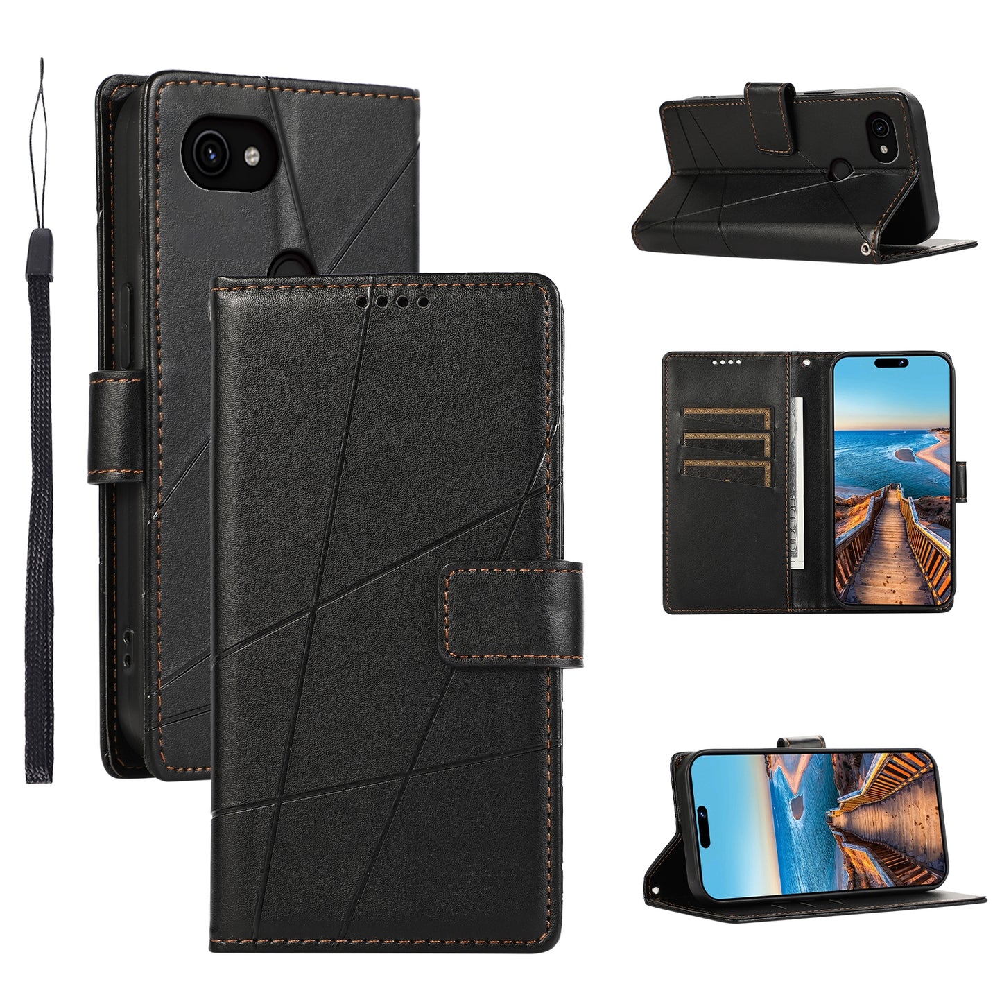 Google Pixel 3a PU Genuine Leather Texture Embossed Line Phone Case with Card Wallet, Kickstand & Wrist Strap