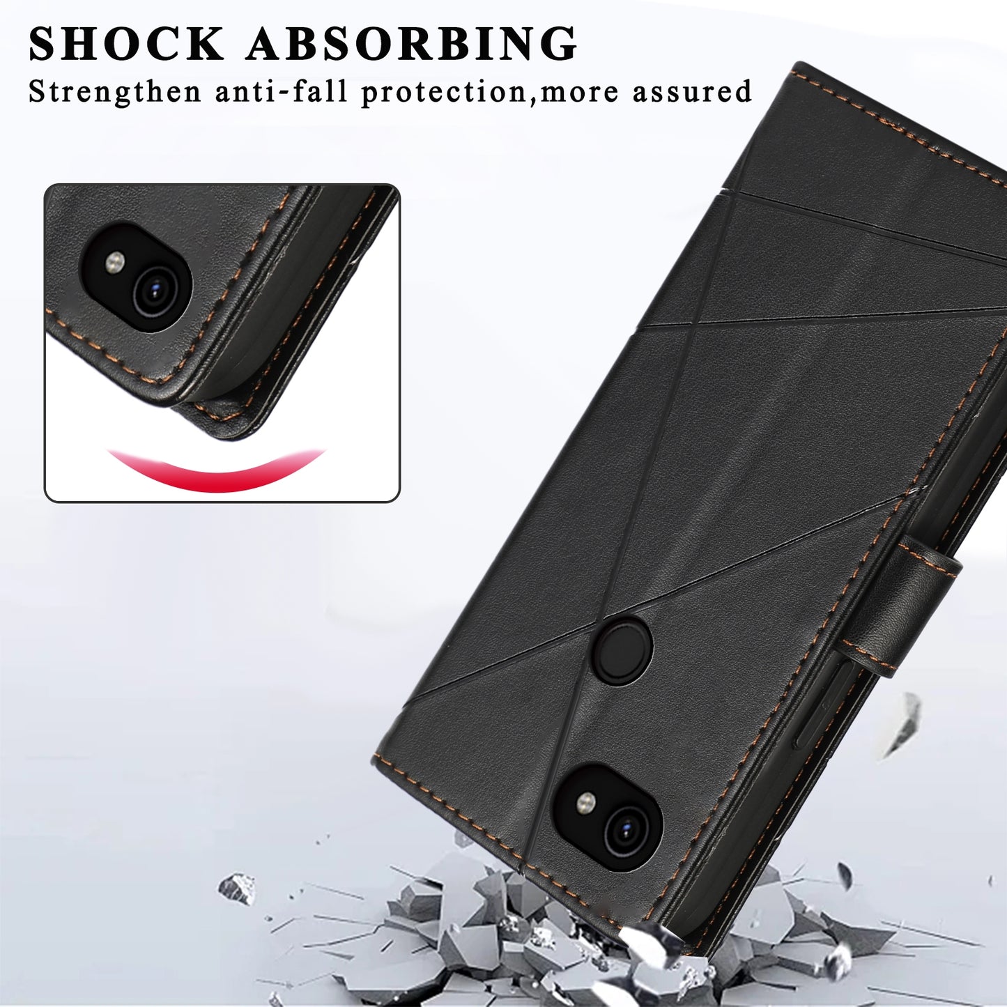 Google Pixel 3a PU Genuine Leather Texture Embossed Line Phone Case with Card Wallet, Kickstand & Wrist Strap