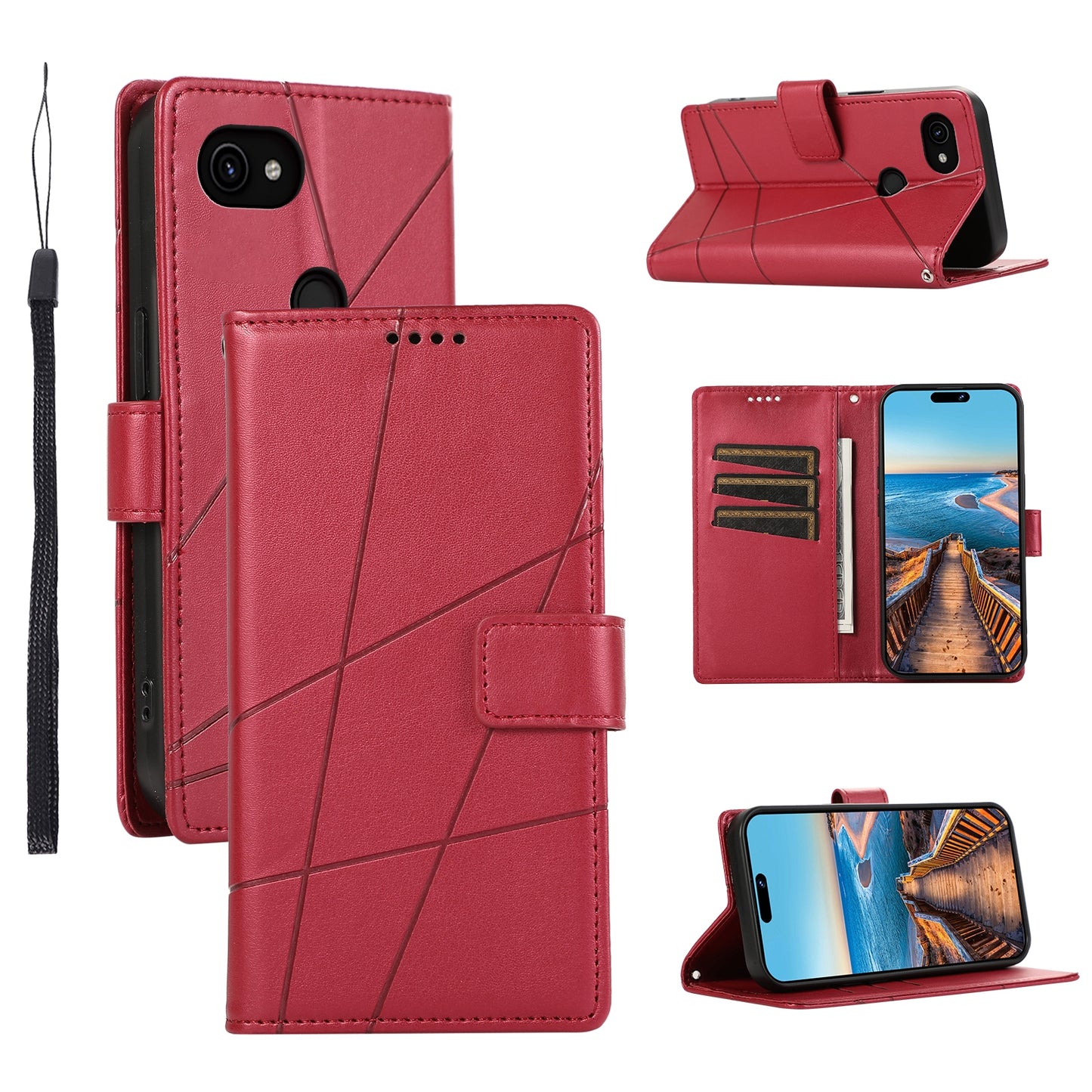 Google Pixel 3a PU Genuine Leather Texture Embossed Line Phone Case with Card Wallet, Kickstand & Wrist Strap