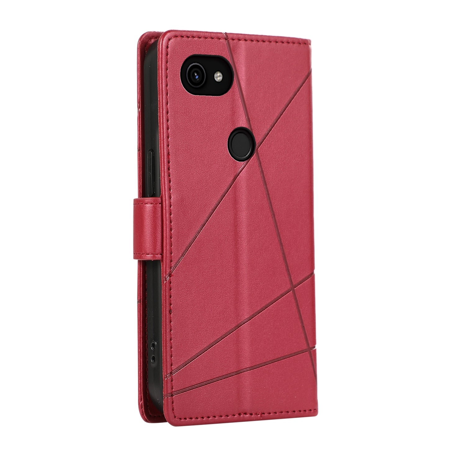 Google Pixel 3a PU Genuine Leather Texture Embossed Line Phone Case with Card Wallet, Kickstand & Wrist Strap
