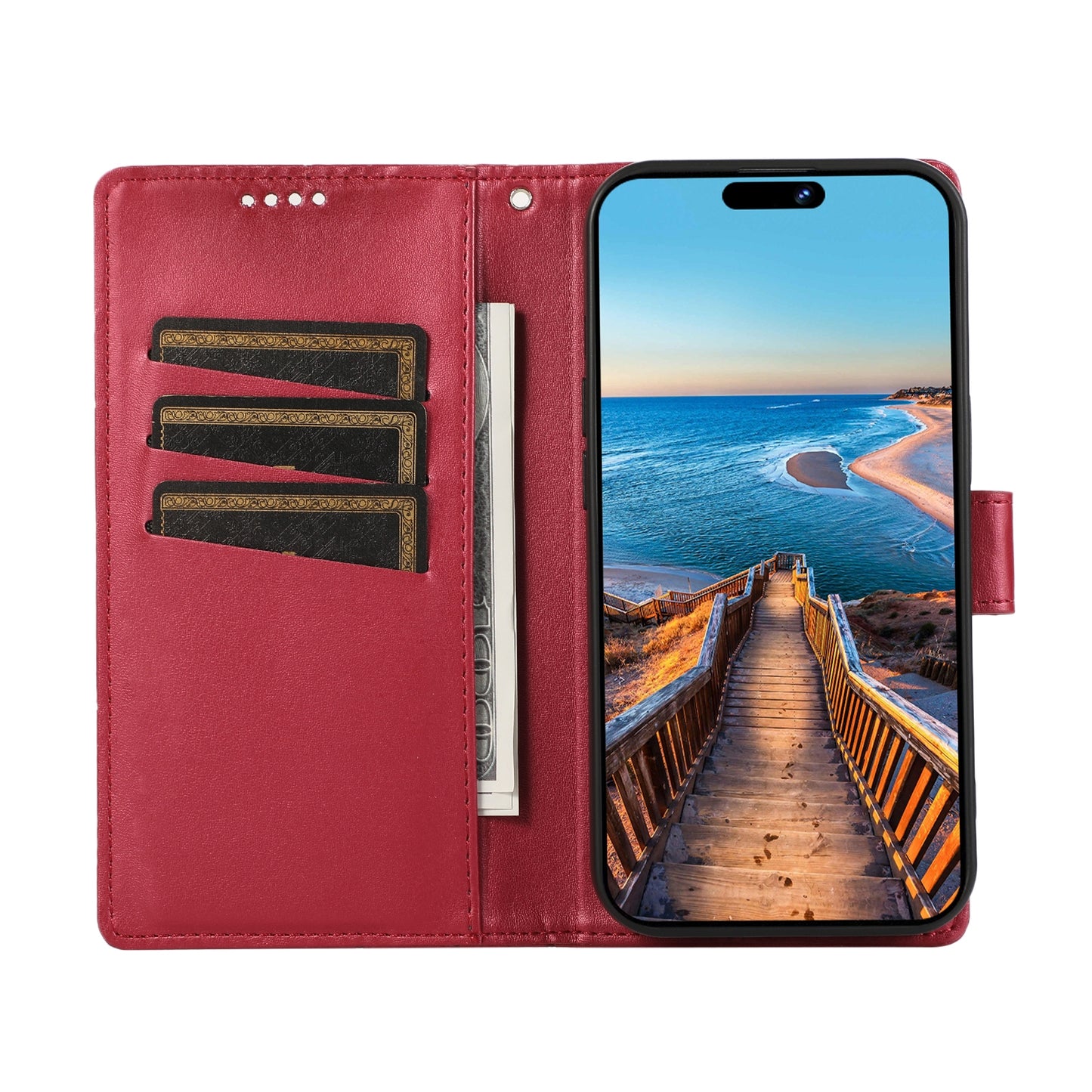 Google Pixel 3a PU Genuine Leather Texture Embossed Line Phone Case with Card Wallet, Kickstand & Wrist Strap
