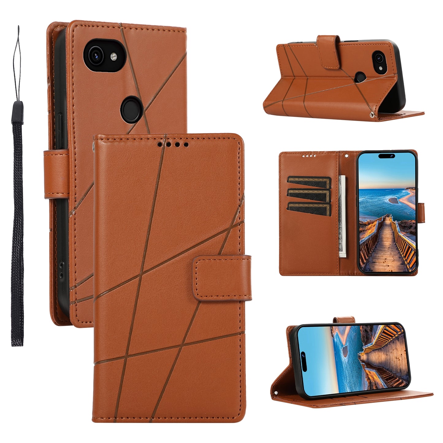 Google Pixel 3a PU Genuine Leather Texture Embossed Line Phone Case with Card Wallet, Kickstand & Wrist Strap