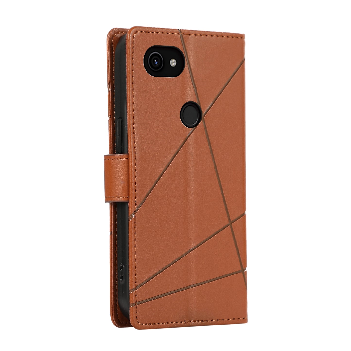 Google Pixel 3a PU Genuine Leather Texture Embossed Line Phone Case with Card Wallet, Kickstand & Wrist Strap