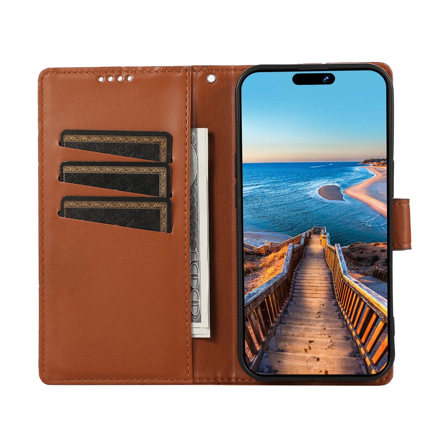 Google Pixel 3a PU Genuine Leather Texture Embossed Line Phone Case with Card Wallet, Kickstand & Wrist Strap