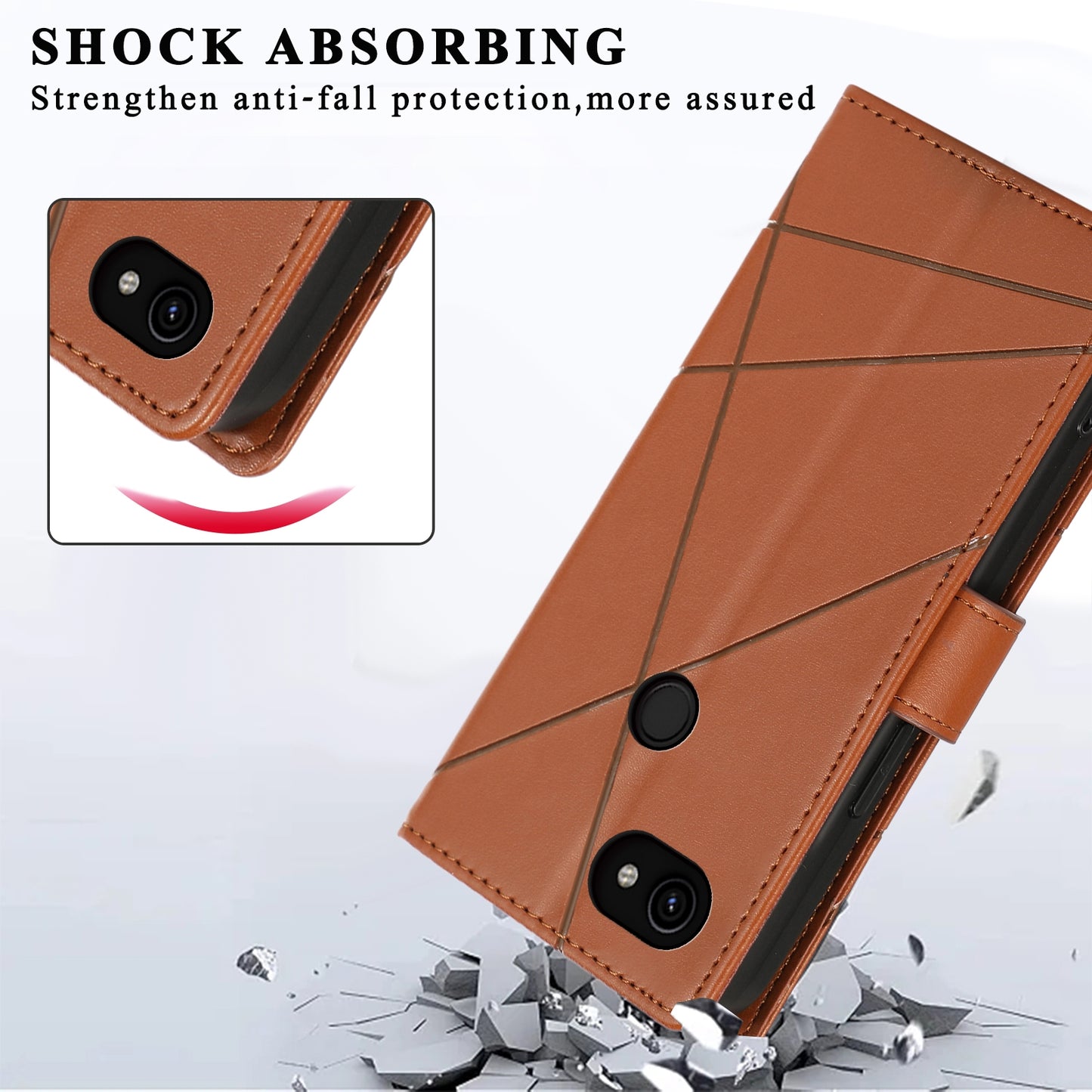 Google Pixel 3a PU Genuine Leather Texture Embossed Line Phone Case with Card Wallet, Kickstand & Wrist Strap