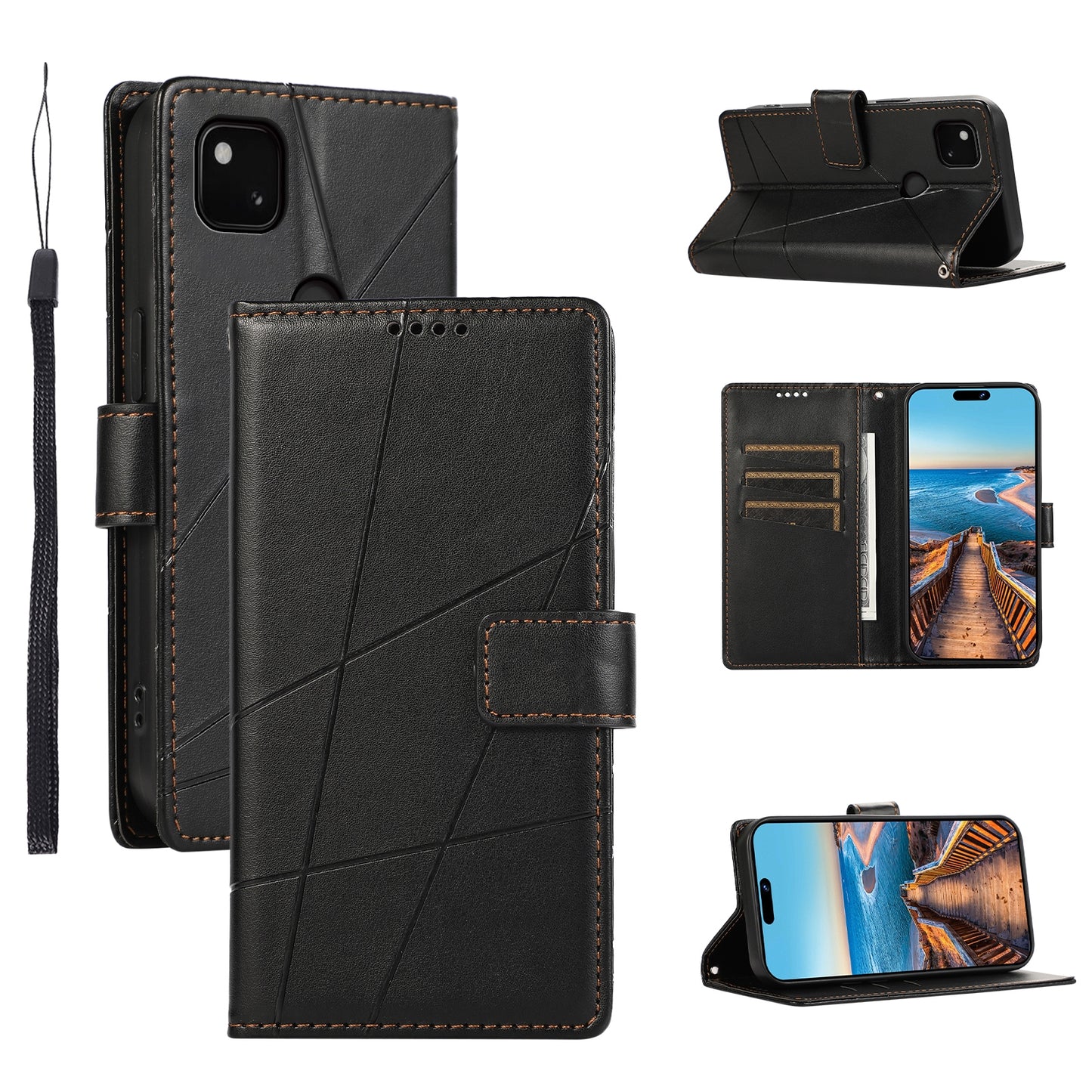 Google Pixel 4a PU Genuine Leather Texture Embossed Line Phone Case with Card Wallet, Kickstand & Wrist Strap