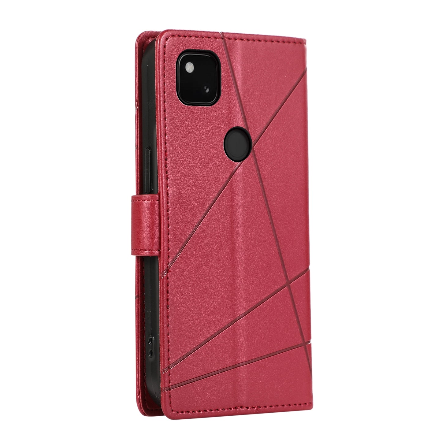 Google Pixel 4a PU Genuine Leather Texture Embossed Line Phone Case with Card Wallet, Kickstand & Wrist Strap