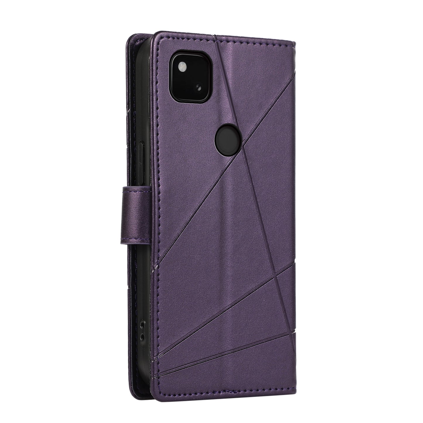 Google Pixel 4a PU Genuine Leather Texture Embossed Line Phone Case with Card Wallet, Kickstand & Wrist Strap