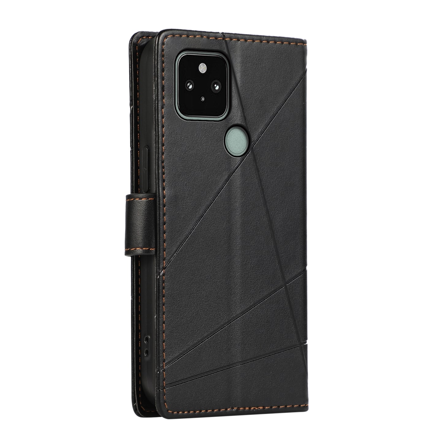 Google Pixel 5 PU Genuine Leather Texture Embossed Line Phone Case with Card Wallet, Kickstand & Wrist Strap