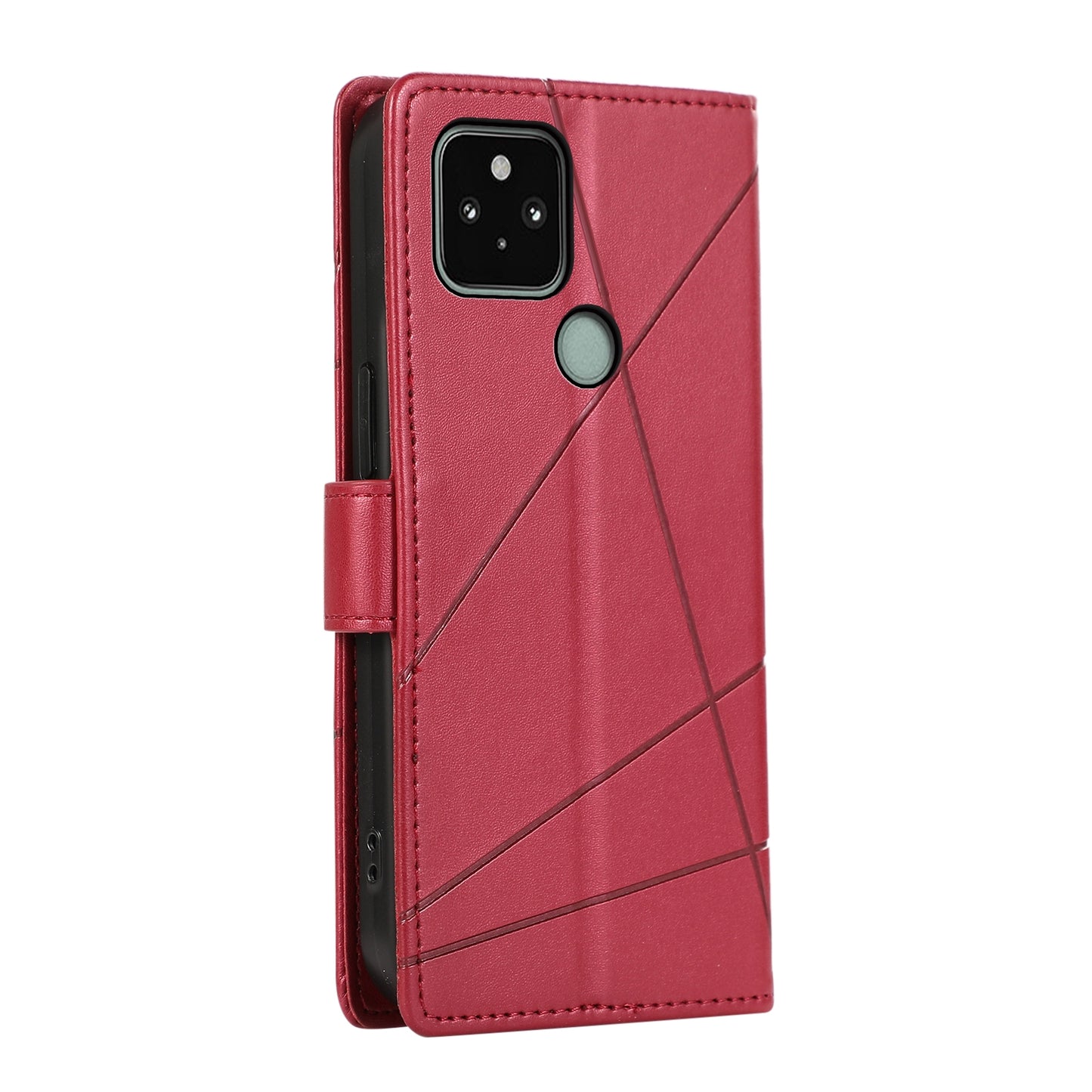 Google Pixel 5 PU Genuine Leather Texture Embossed Line Phone Case with Card Wallet, Kickstand & Wrist Strap