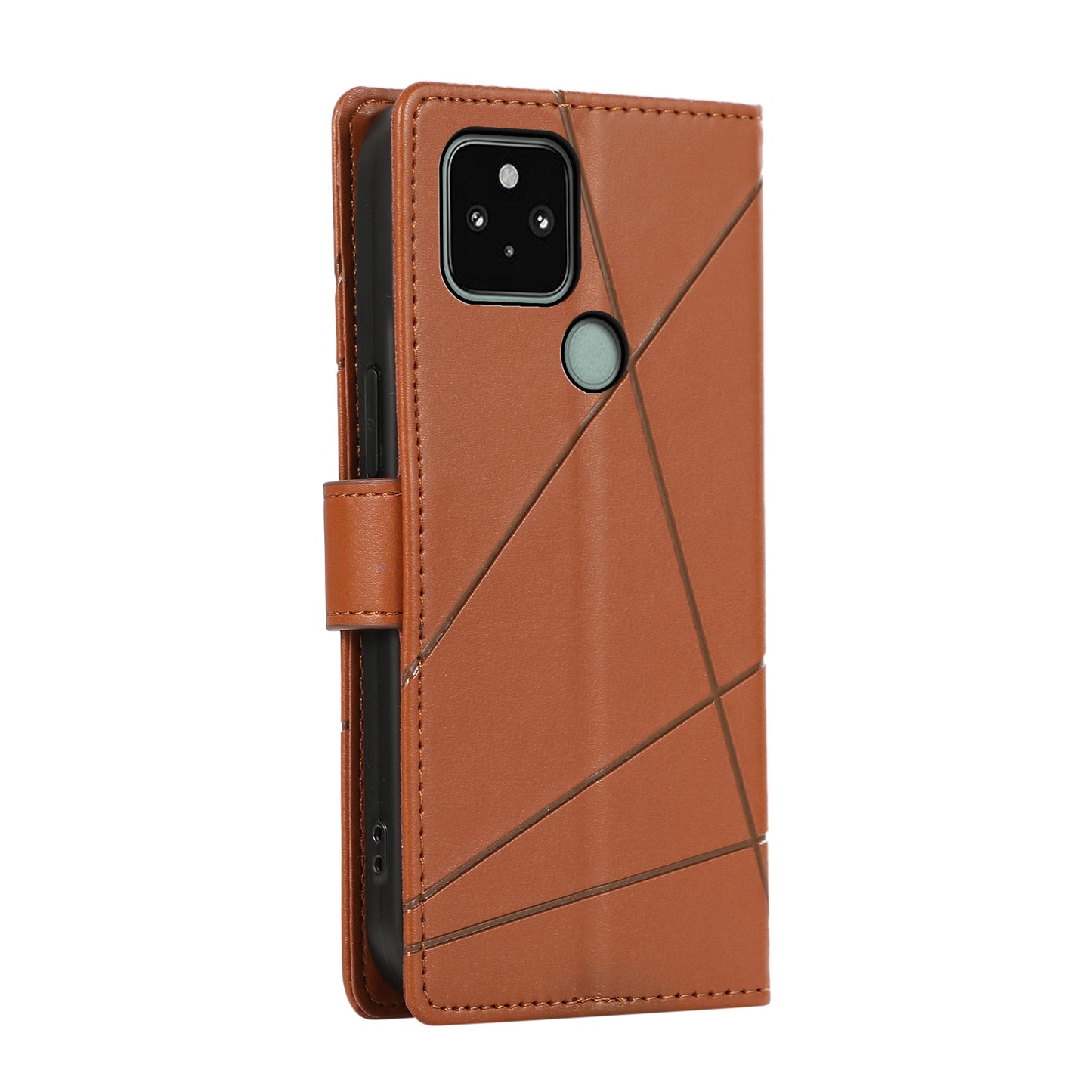 Google Pixel 5 PU Genuine Leather Texture Embossed Line Phone Case with Card Wallet, Kickstand & Wrist Strap