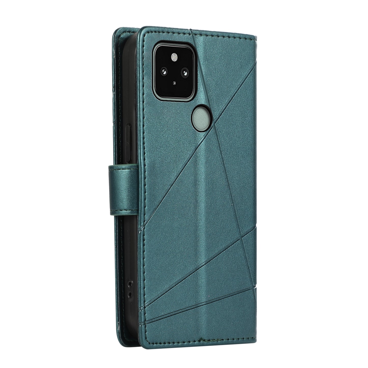 Google Pixel 5 PU Genuine Leather Texture Embossed Line Phone Case with Card Wallet, Kickstand & Wrist Strap