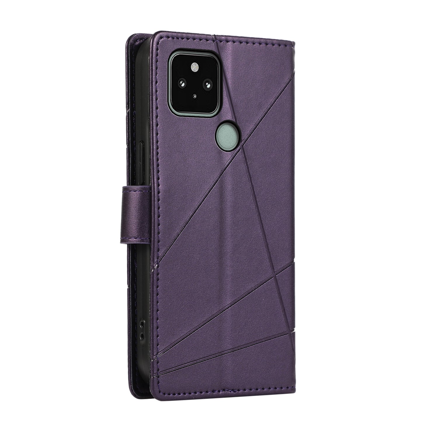 Google Pixel 5 PU Genuine Leather Texture Embossed Line Phone Case with Card Wallet, Kickstand & Wrist Strap