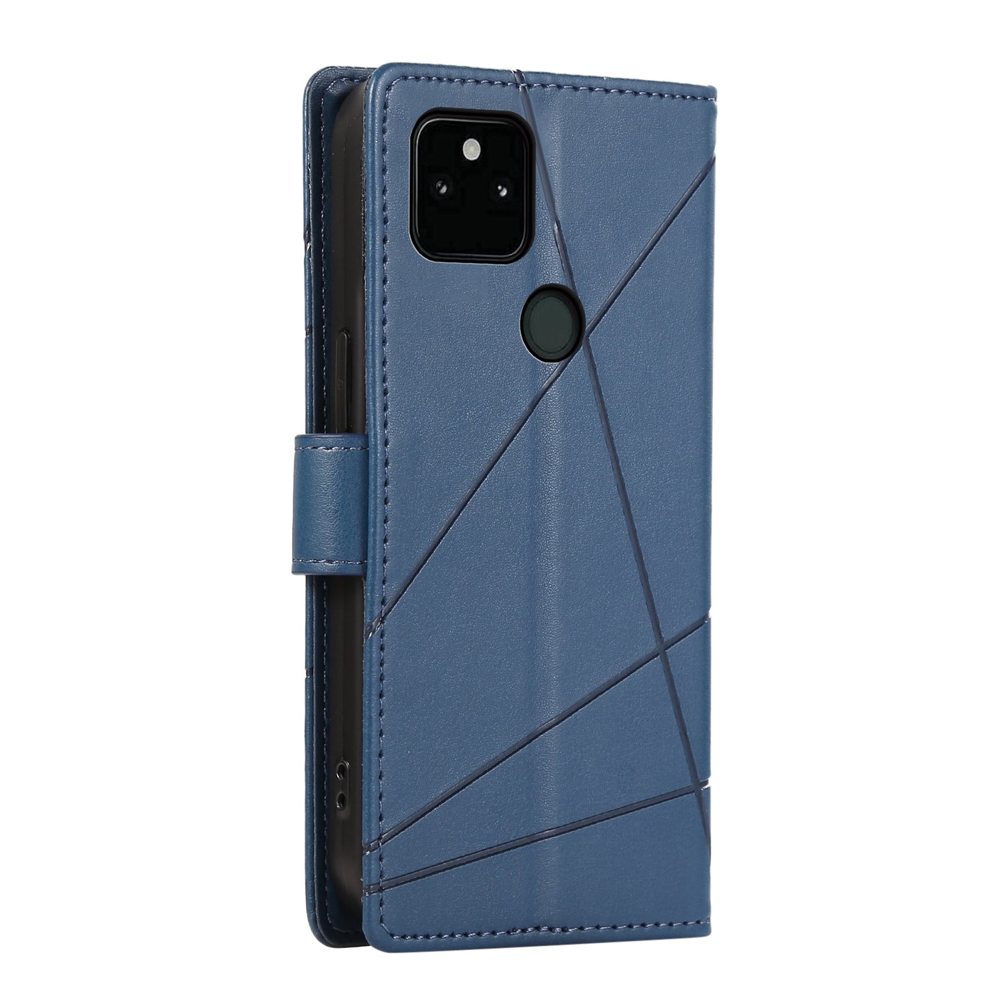 Google Pixel 5a 5G PU Genuine Leather Texture Embossed Line Phone Case with Card Wallet, Kickstand & Wrist Strap