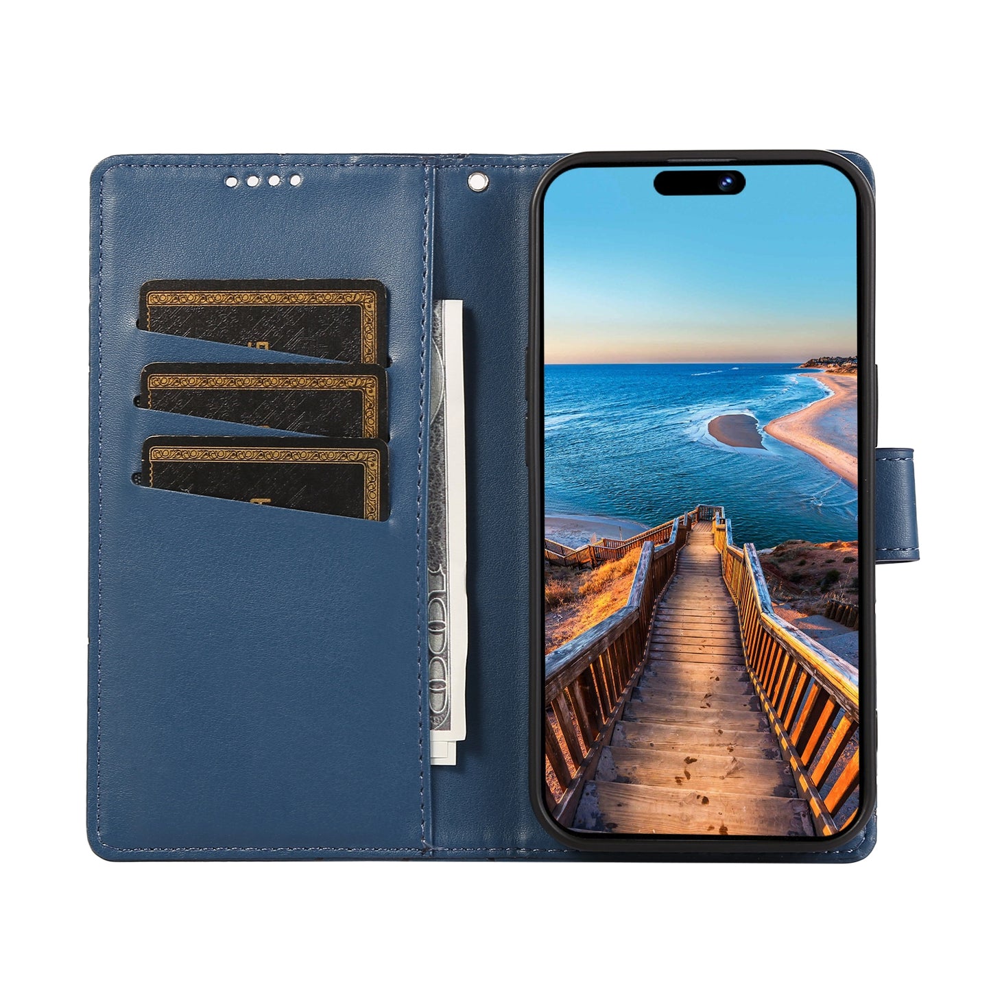 Google Pixel 5a 5G PU Genuine Leather Texture Embossed Line Phone Case with Card Wallet, Kickstand & Wrist Strap