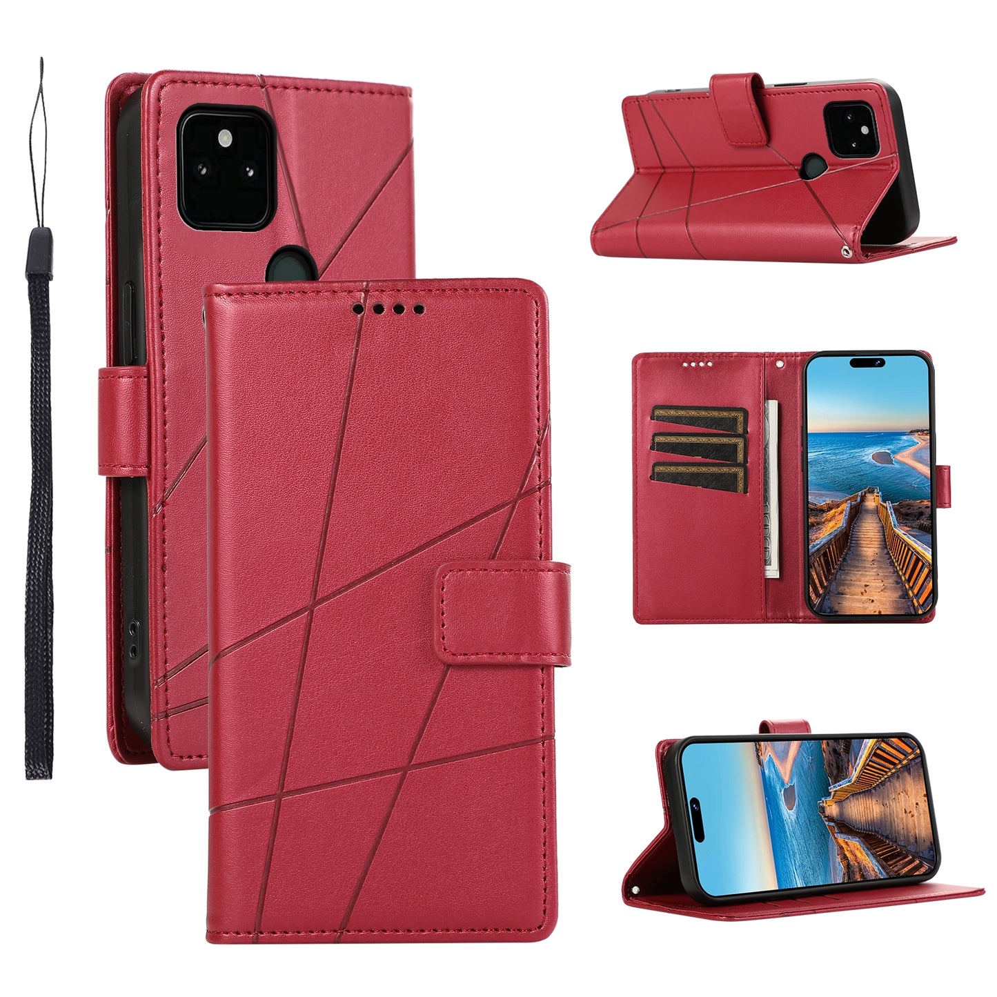 Google Pixel 5a 5G PU Genuine Leather Texture Embossed Line Phone Case with Card Wallet, Kickstand & Wrist Strap