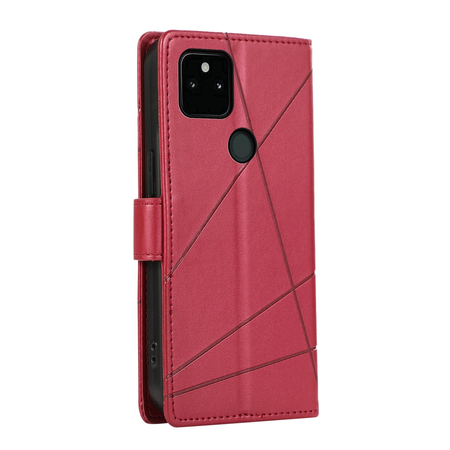 Google Pixel 5a 5G PU Genuine Leather Texture Embossed Line Phone Case with Card Wallet, Kickstand & Wrist Strap