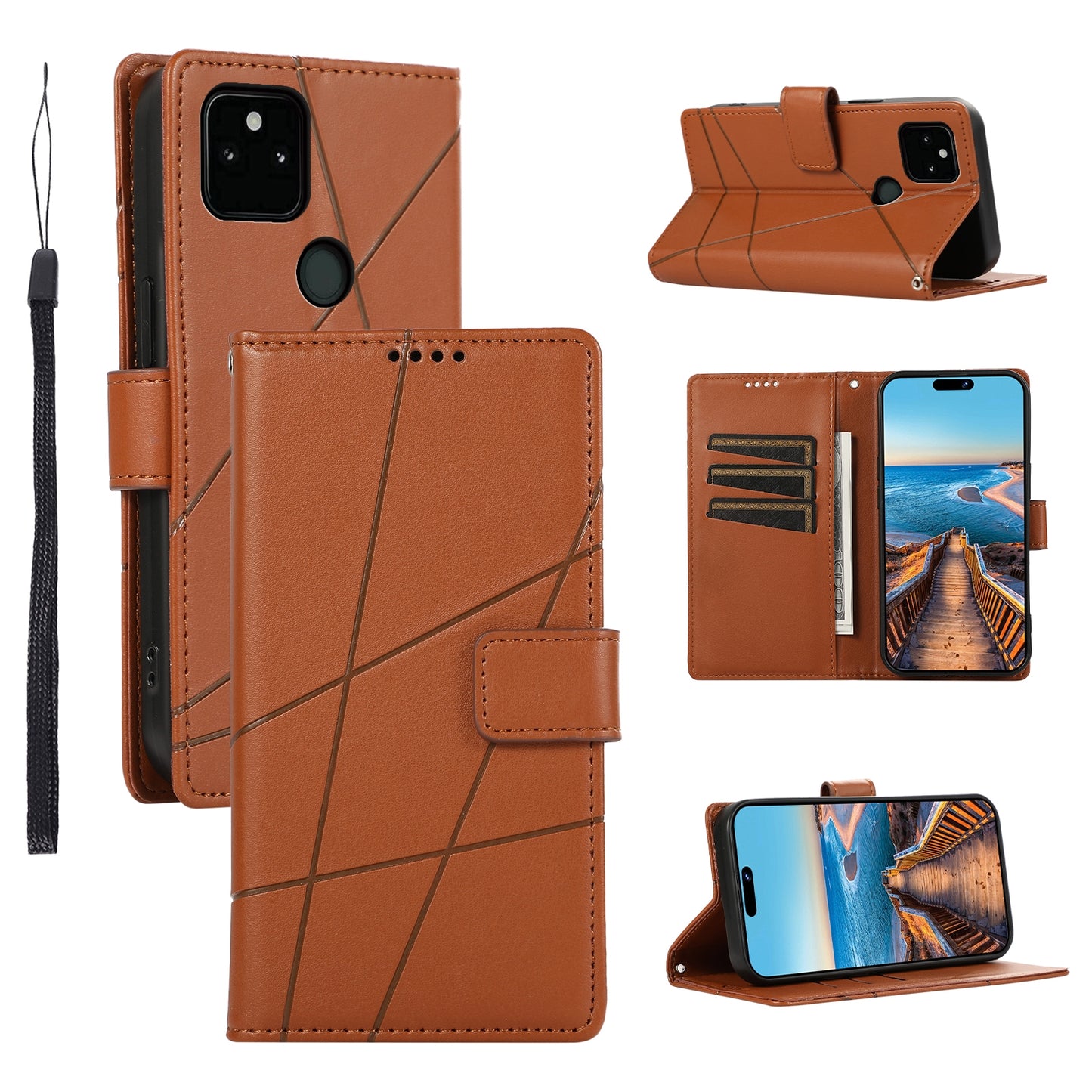 Google Pixel 5a 5G PU Genuine Leather Texture Embossed Line Phone Case with Card Wallet, Kickstand & Wrist Strap