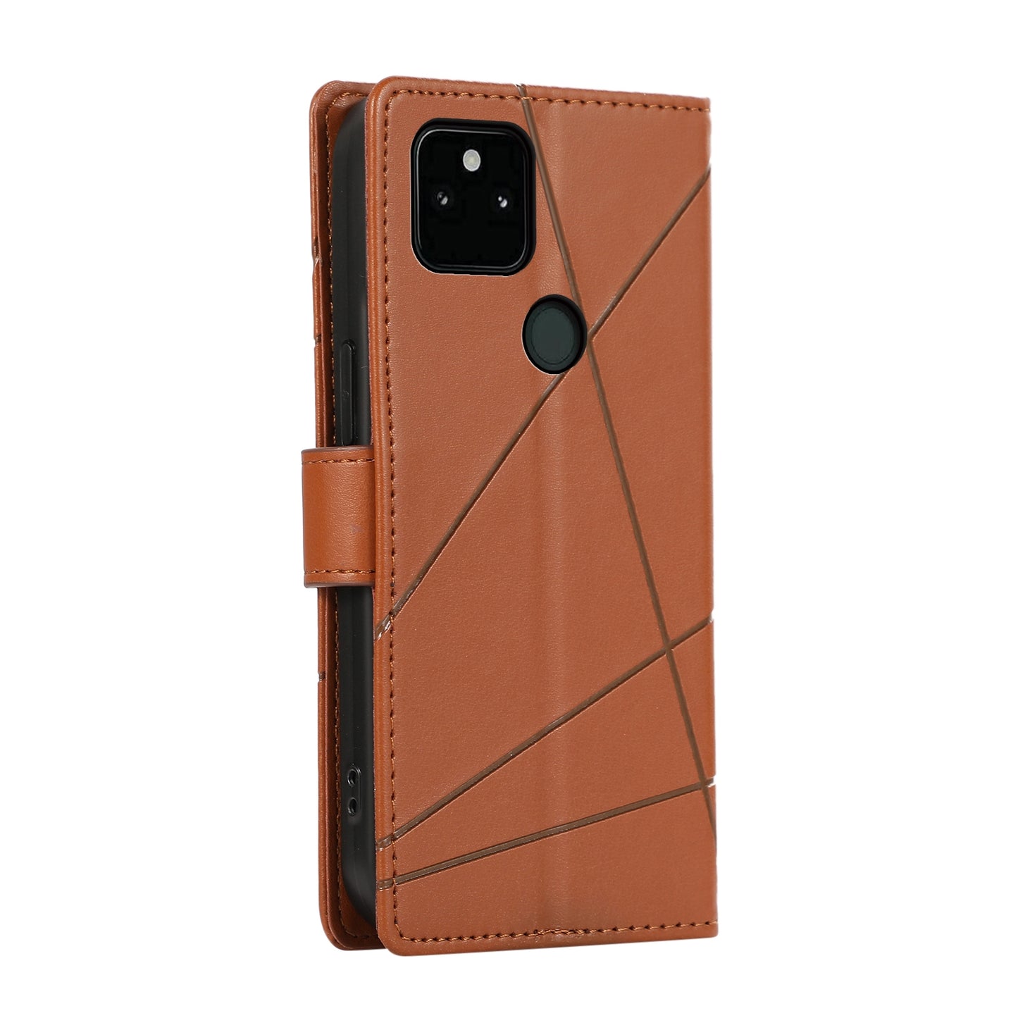 Google Pixel 5a 5G PU Genuine Leather Texture Embossed Line Phone Case with Card Wallet, Kickstand & Wrist Strap