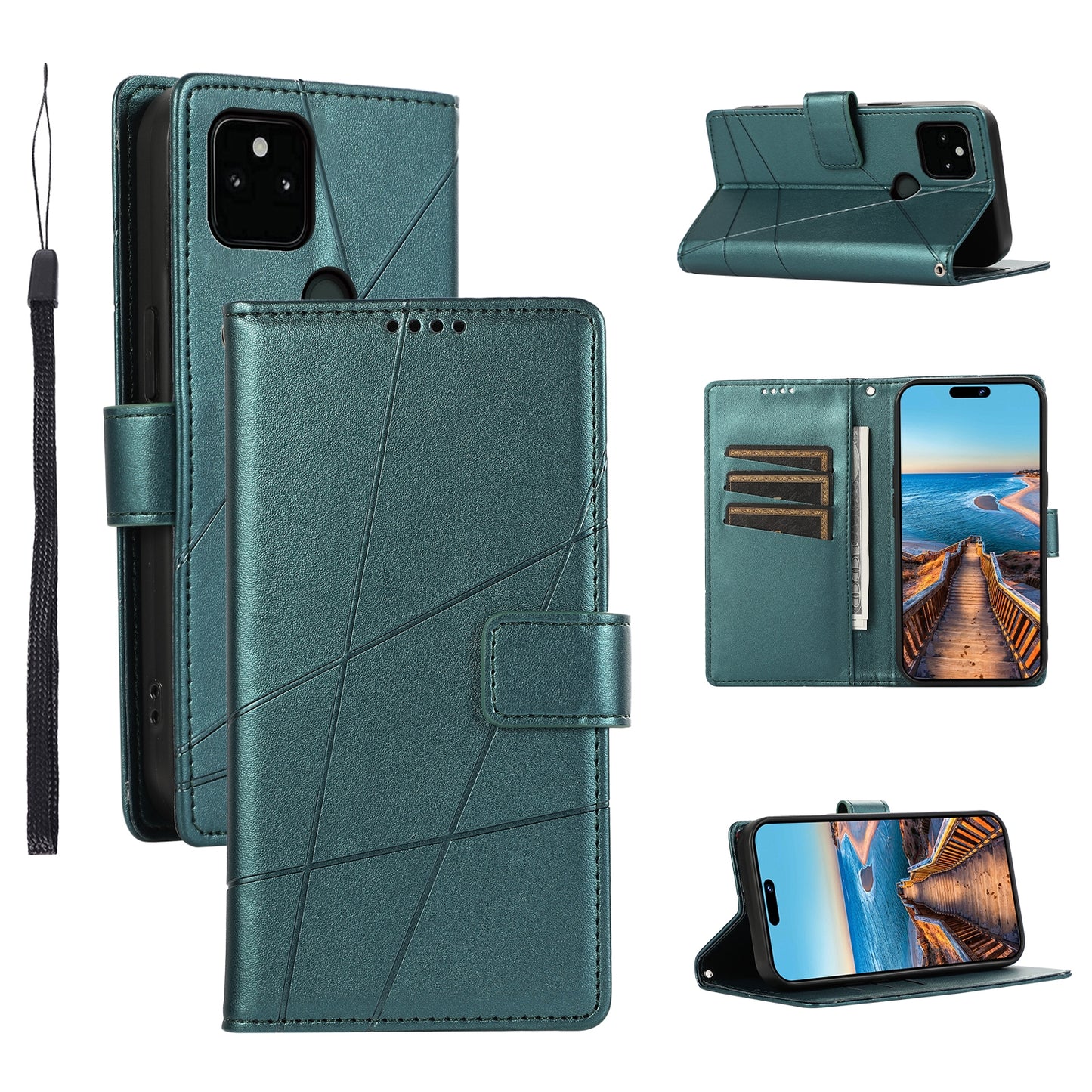 Google Pixel 5a 5G PU Genuine Leather Texture Embossed Line Phone Case with Card Wallet, Kickstand & Wrist Strap