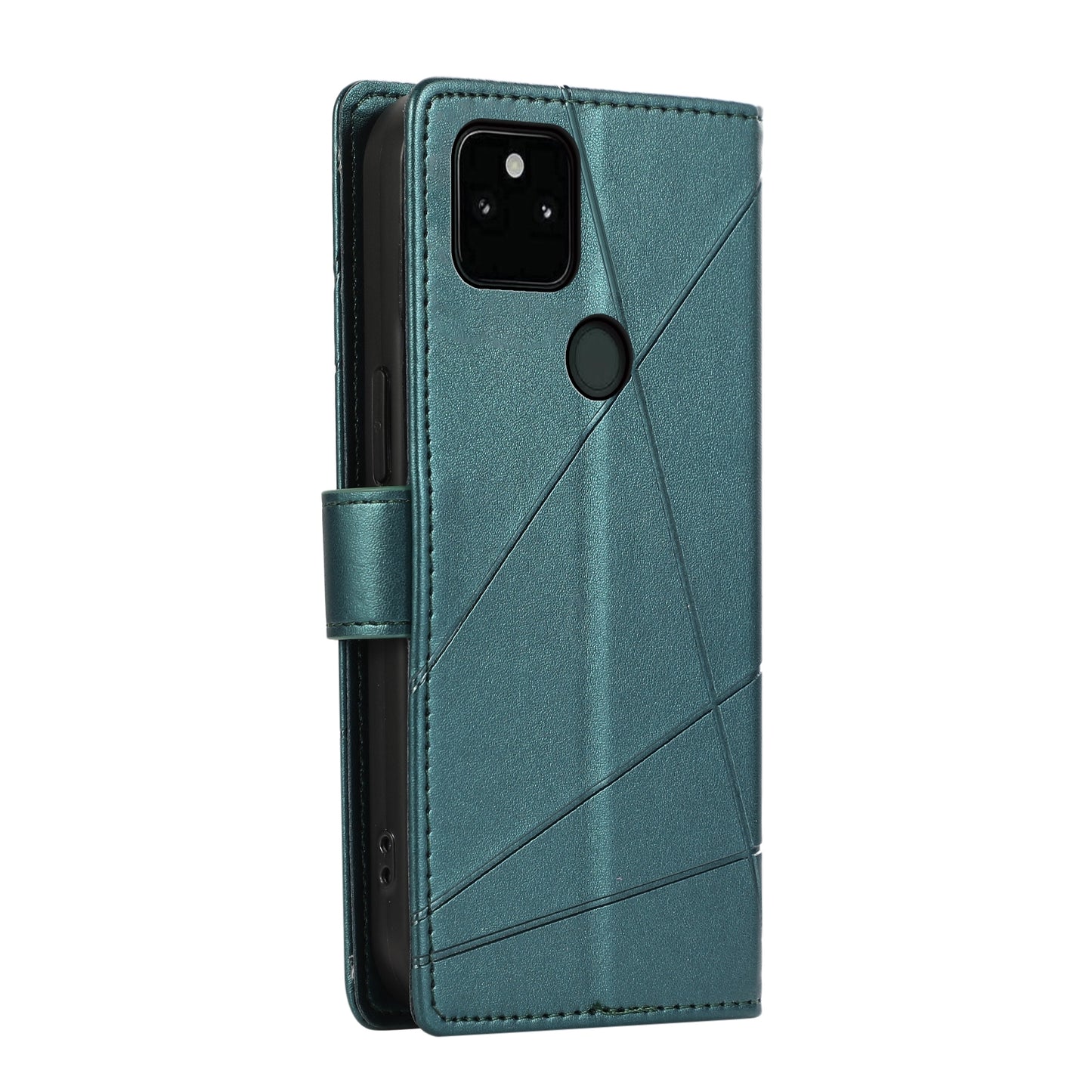 Google Pixel 5a 5G PU Genuine Leather Texture Embossed Line Phone Case with Card Wallet, Kickstand & Wrist Strap