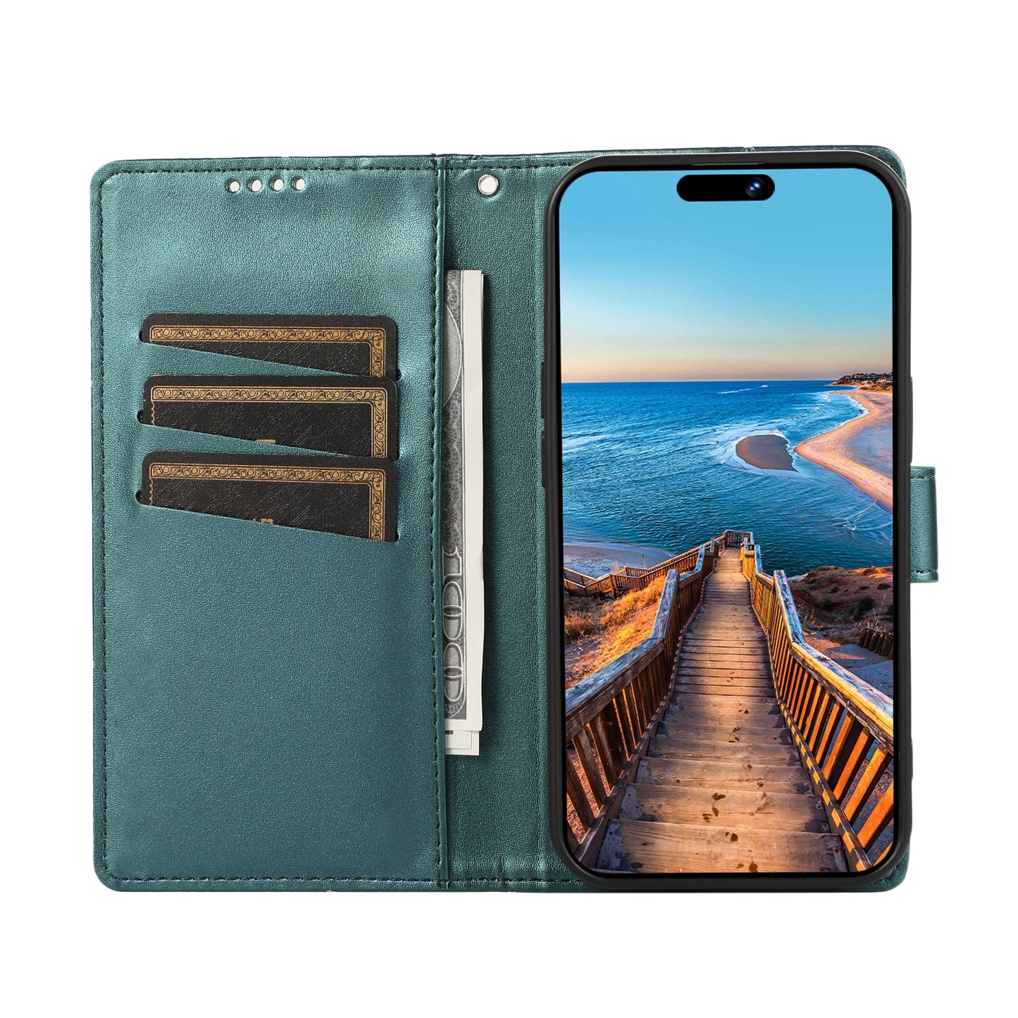 Google Pixel 5a 5G PU Genuine Leather Texture Embossed Line Phone Case with Card Wallet, Kickstand & Wrist Strap