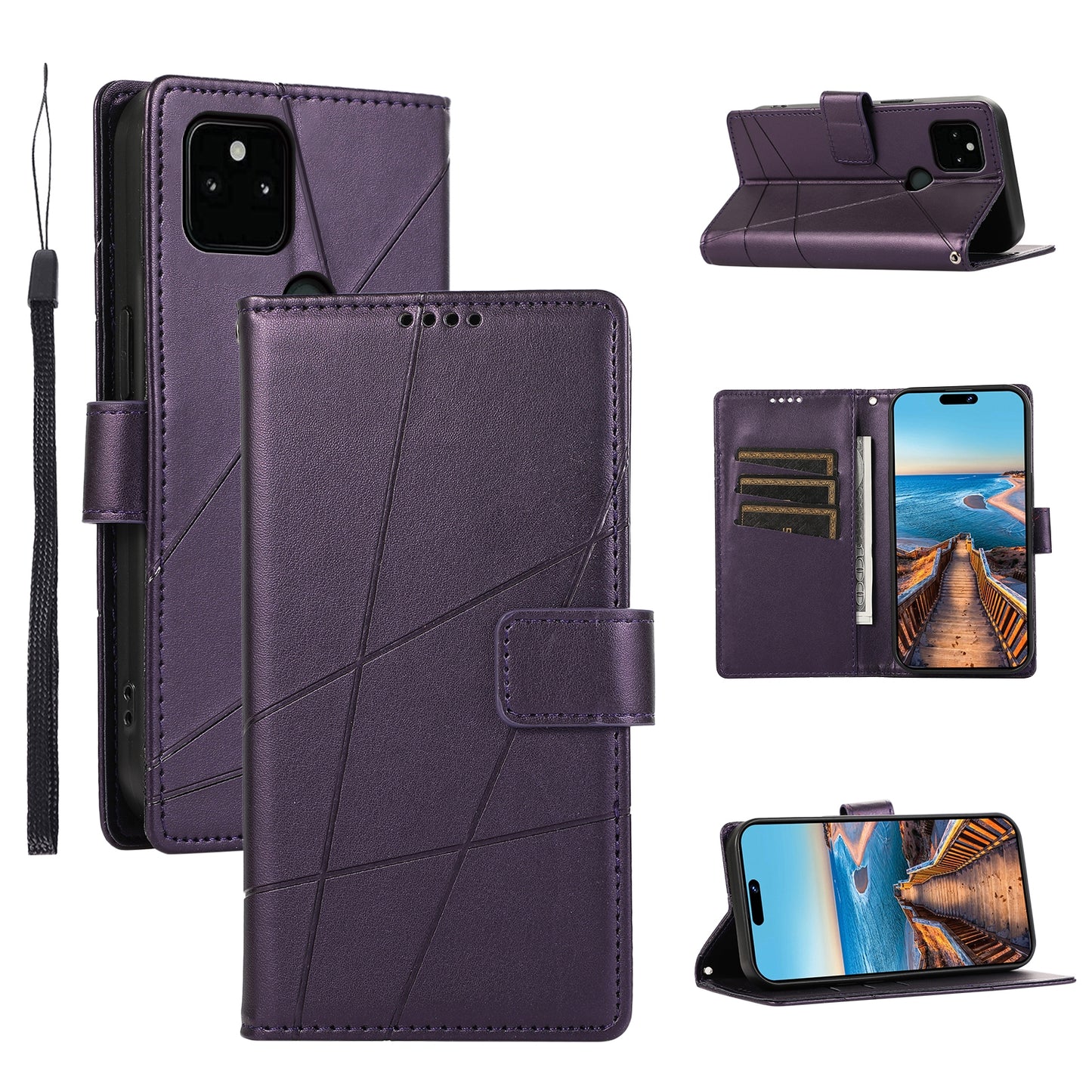 Google Pixel 5a 5G PU Genuine Leather Texture Embossed Line Phone Case with Card Wallet, Kickstand & Wrist Strap