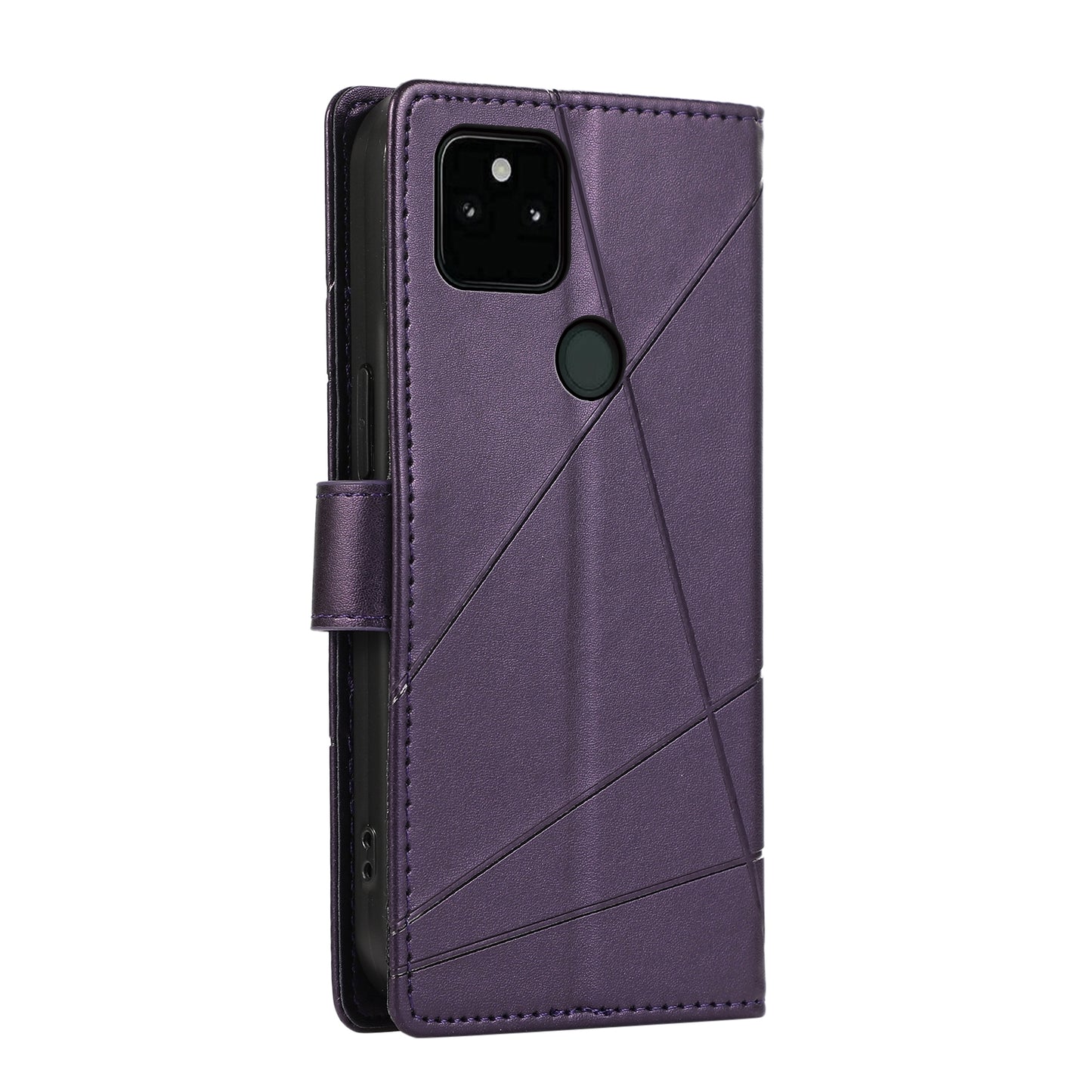 Google Pixel 5a 5G PU Genuine Leather Texture Embossed Line Phone Case with Card Wallet, Kickstand & Wrist Strap