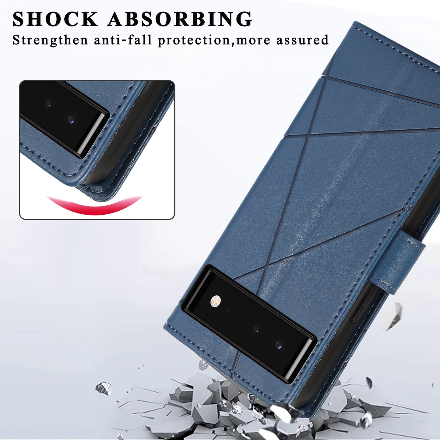 Google Pixel 6 PU Genuine Leather Texture Embossed Line Phone Case with Card Wallet, Kickstand & Wrist Strap