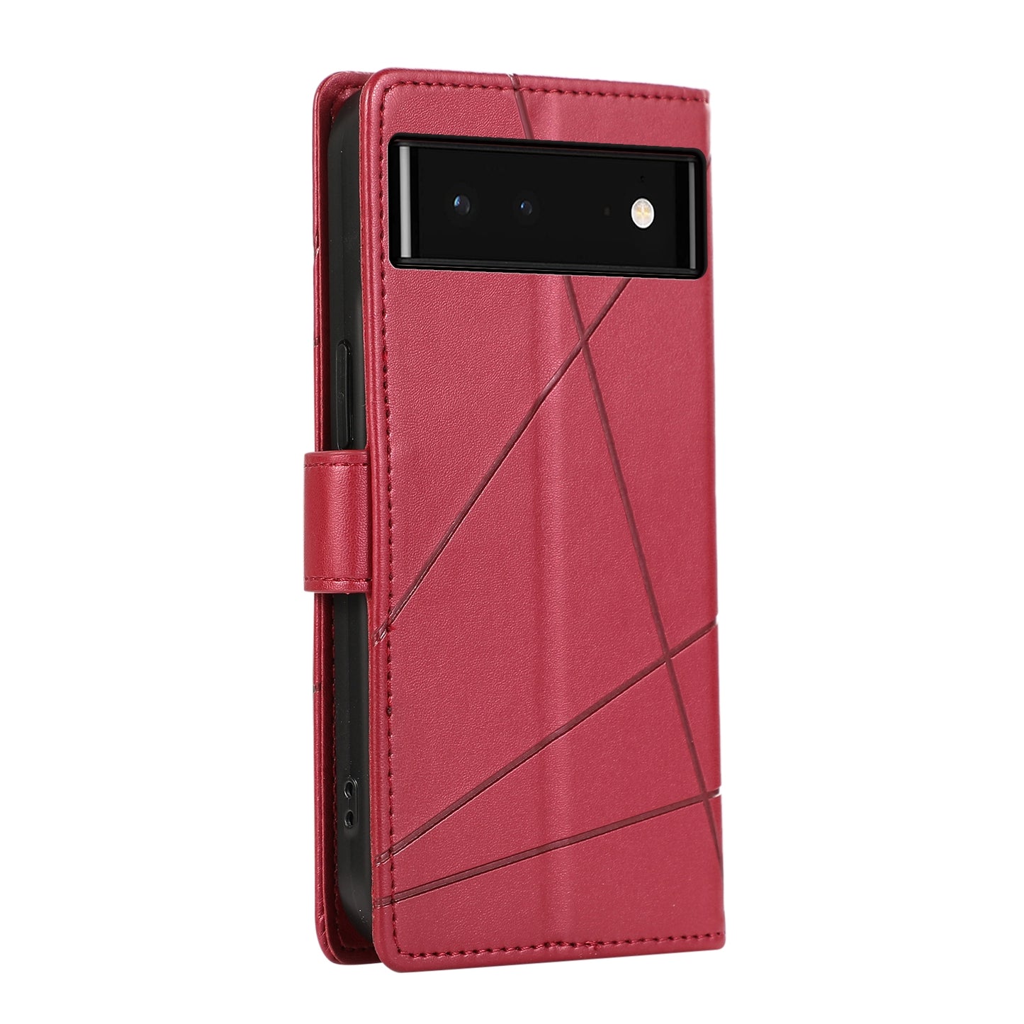Google Pixel 6 PU Genuine Leather Texture Embossed Line Phone Case with Card Wallet, Kickstand & Wrist Strap