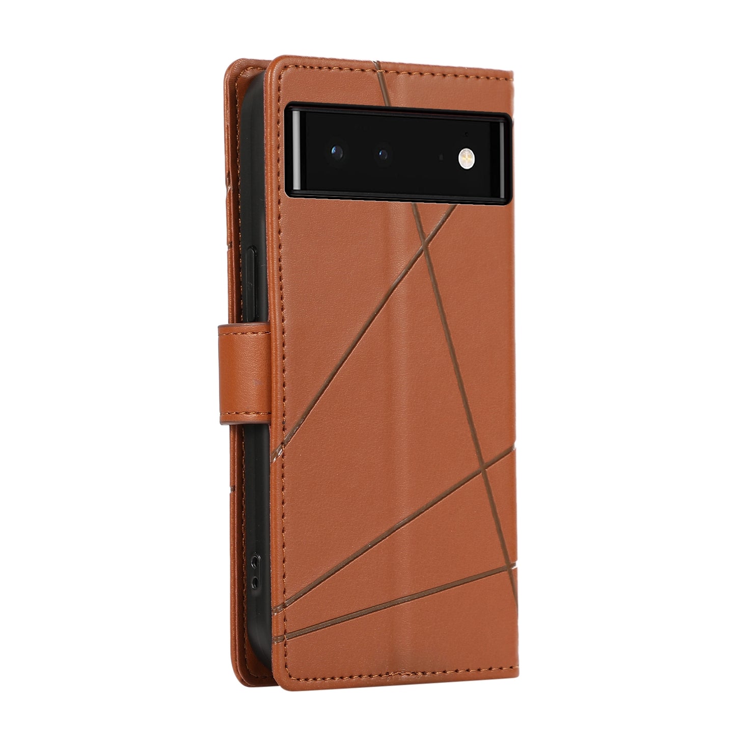 Google Pixel 6 PU Genuine Leather Texture Embossed Line Phone Case with Card Wallet, Kickstand & Wrist Strap
