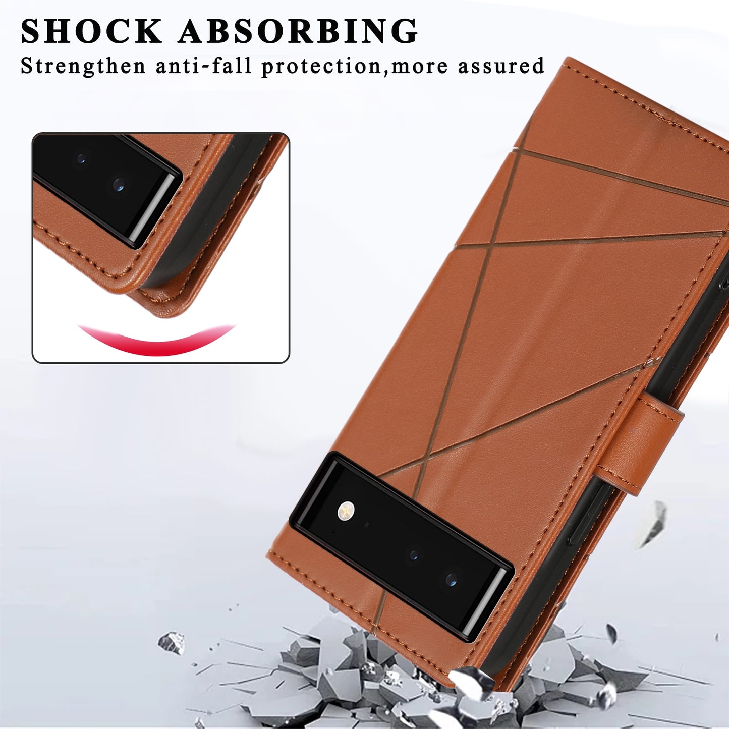 Google Pixel 6 PU Genuine Leather Texture Embossed Line Phone Case with Card Wallet, Kickstand & Wrist Strap
