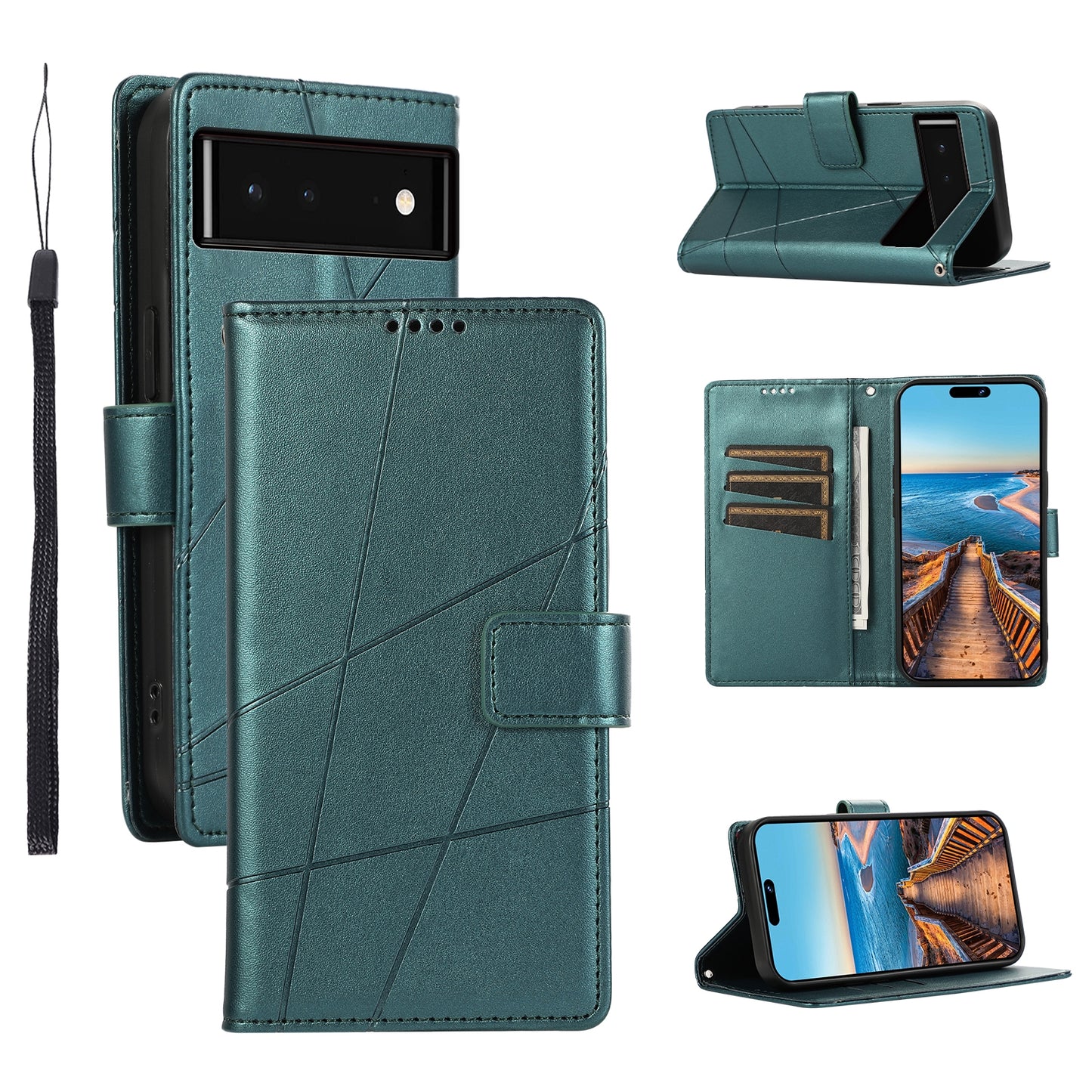 Google Pixel 6 PU Genuine Leather Texture Embossed Line Phone Case with Card Wallet, Kickstand & Wrist Strap