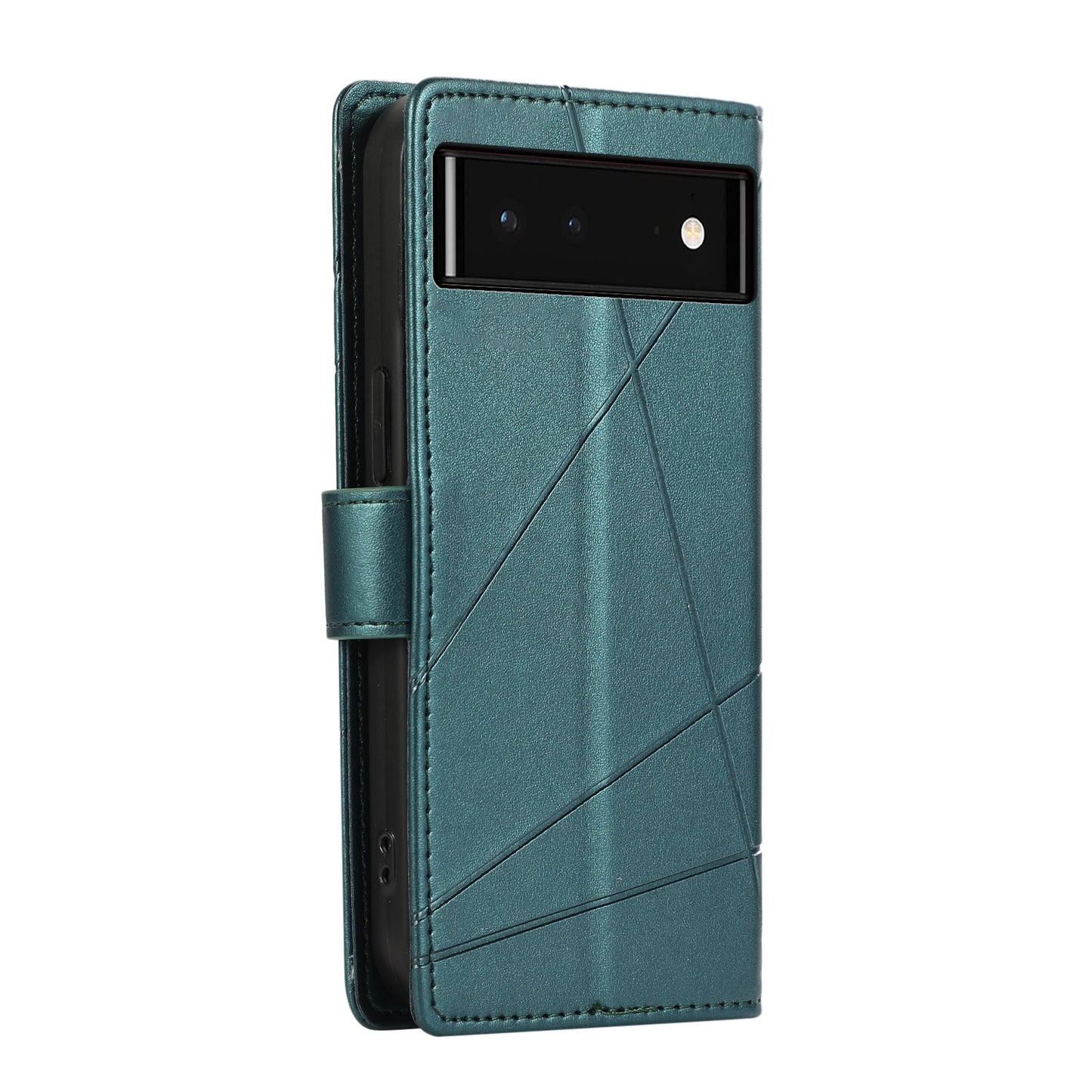 Google Pixel 6 PU Genuine Leather Texture Embossed Line Phone Case with Card Wallet, Kickstand & Wrist Strap