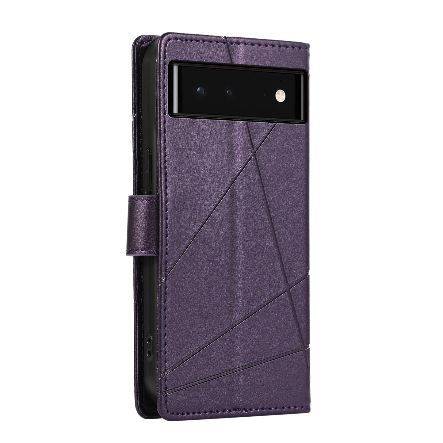 Google Pixel 6 PU Genuine Leather Texture Embossed Line Phone Case with Card Wallet, Kickstand & Wrist Strap